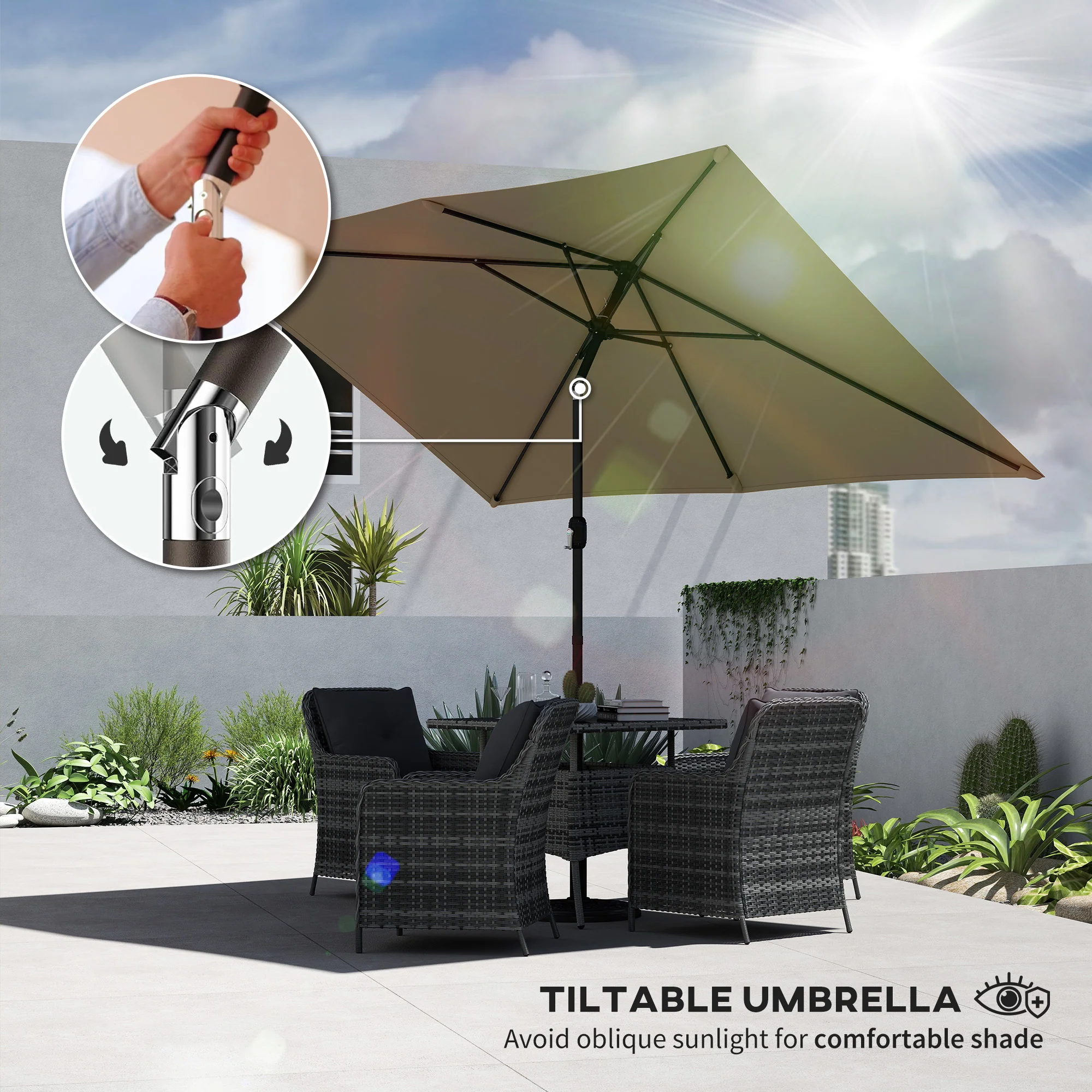 Outsunny Garden Parasol, Outdoor Umbrella With Tilt Function, Khaki - Image 3