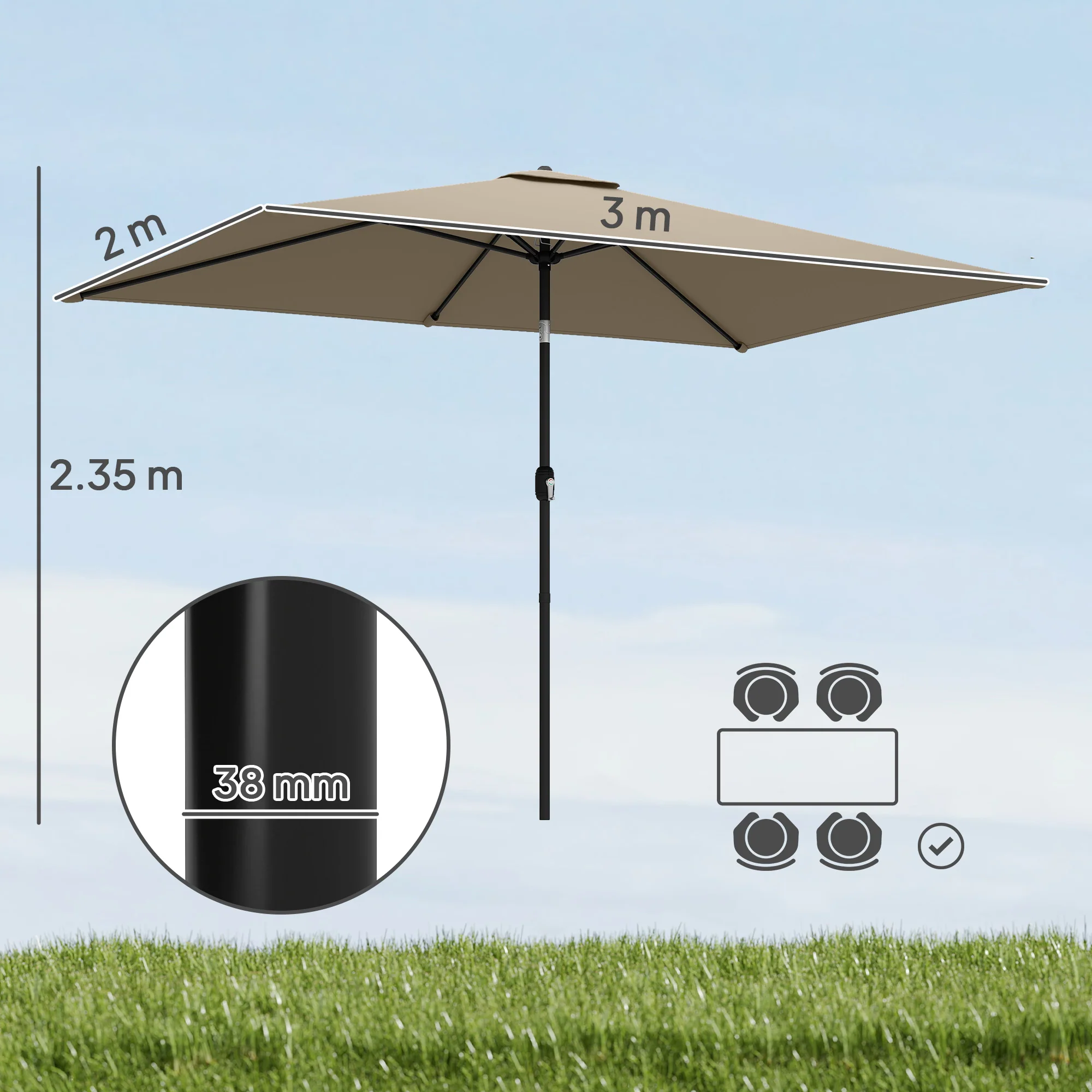 Outsunny Garden Parasol, Outdoor Umbrella With Tilt Function, Khaki - Image 5