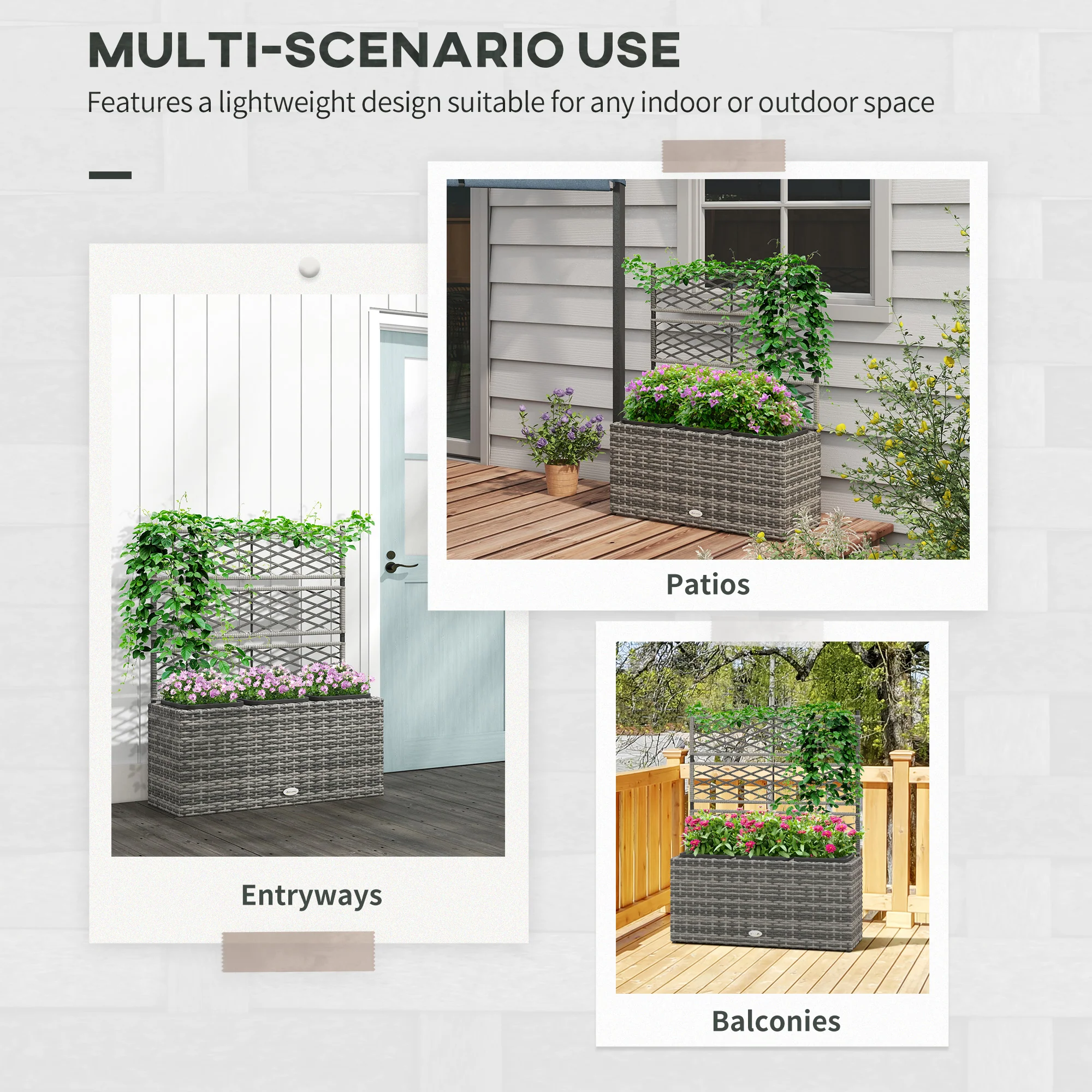 Outsunny Garden PE Rattan Planter Box w/ Trellis Flower Raised Bed, 84x30x107cm - Image 3