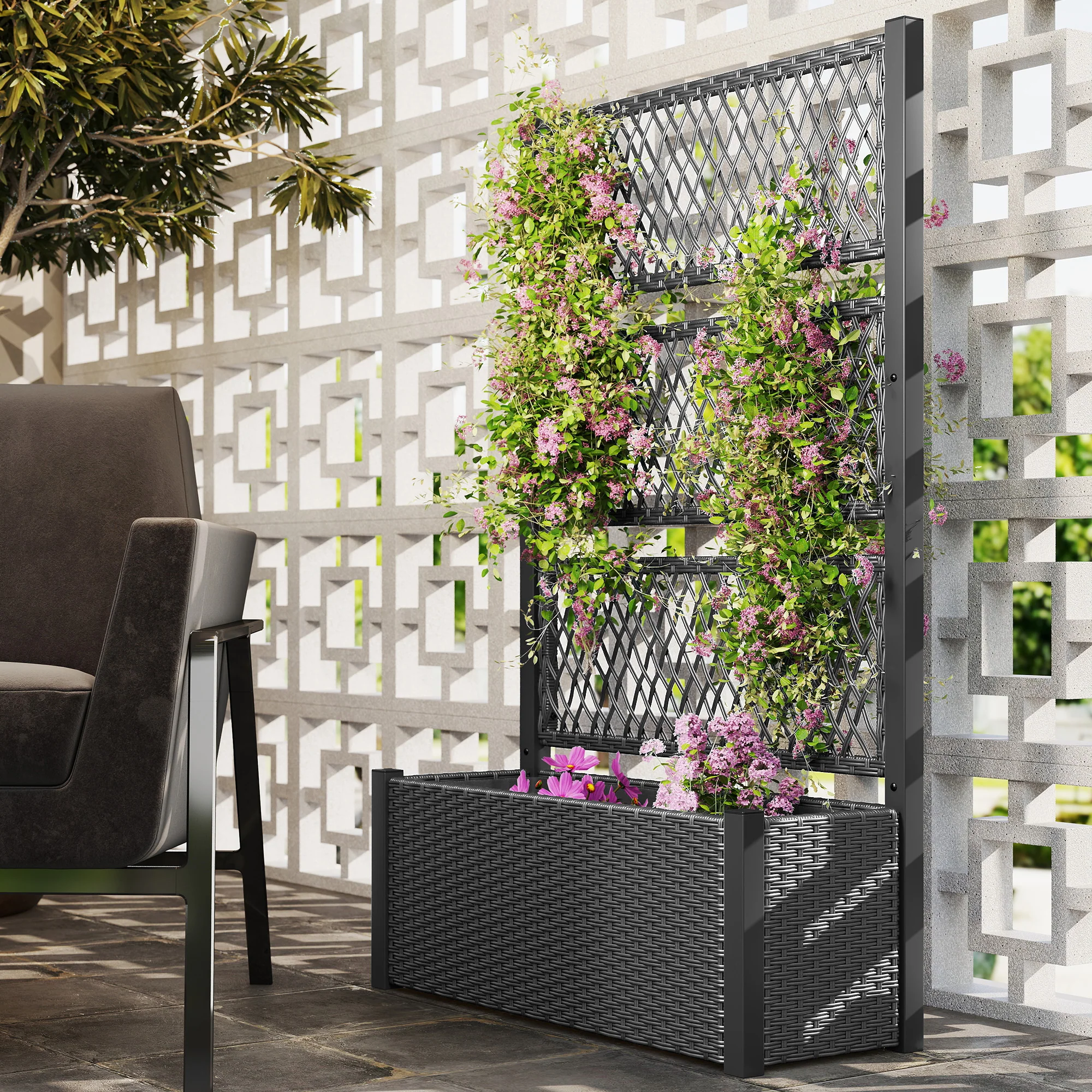 Outsunny Garden Planter Box With Trellis, Rattan Raised Bed - Image 2