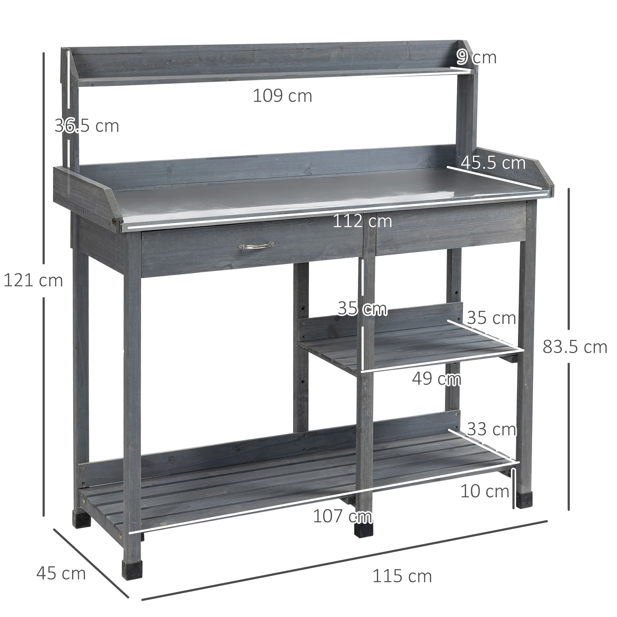 Outsunny Garden Potting Table Wooden Workstation w/ Metal Tabletop, Drawer, Shelves - Image 2