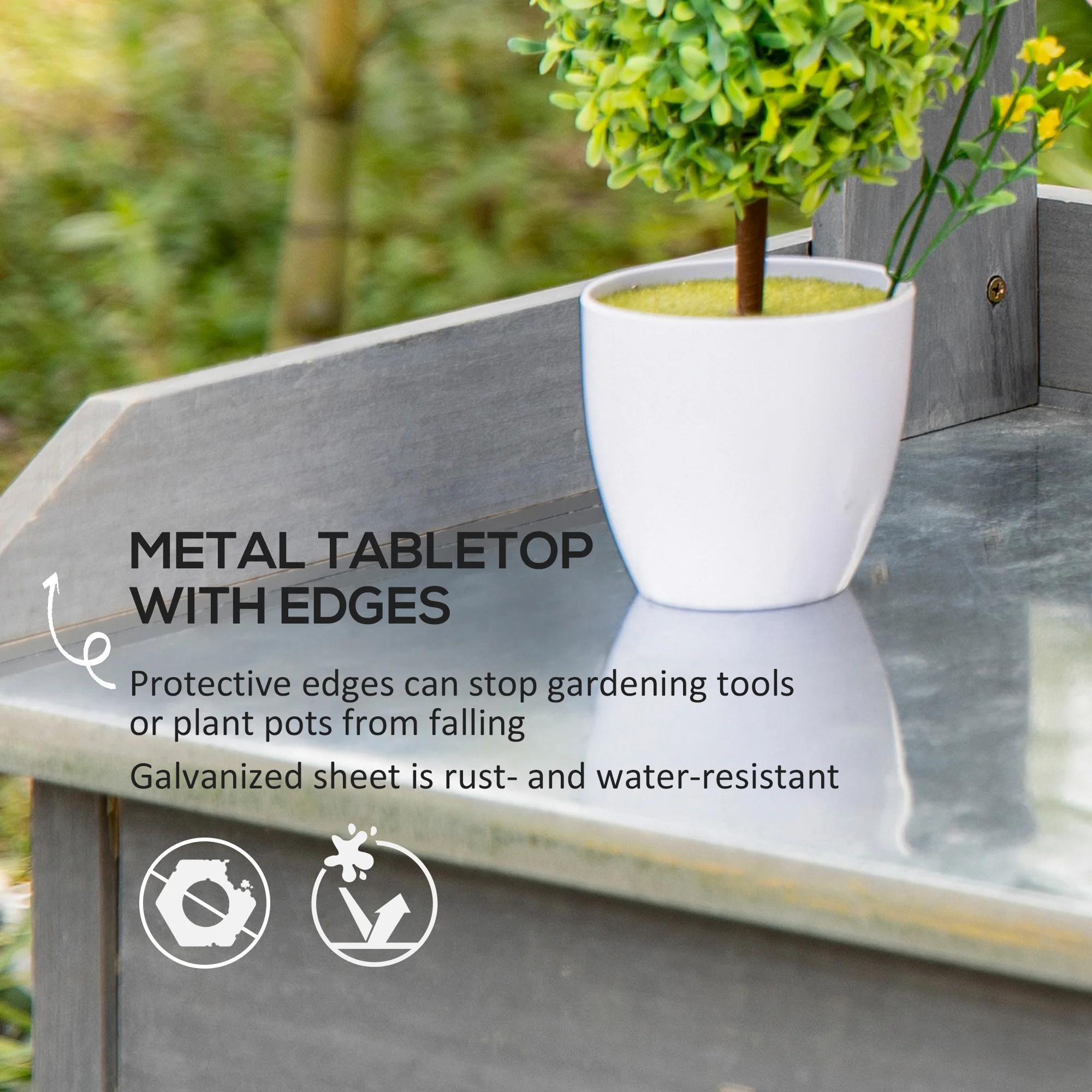 Outsunny Garden Potting Table Wooden Workstation w/ Metal Tabletop, Drawer, Shelves - Image 3