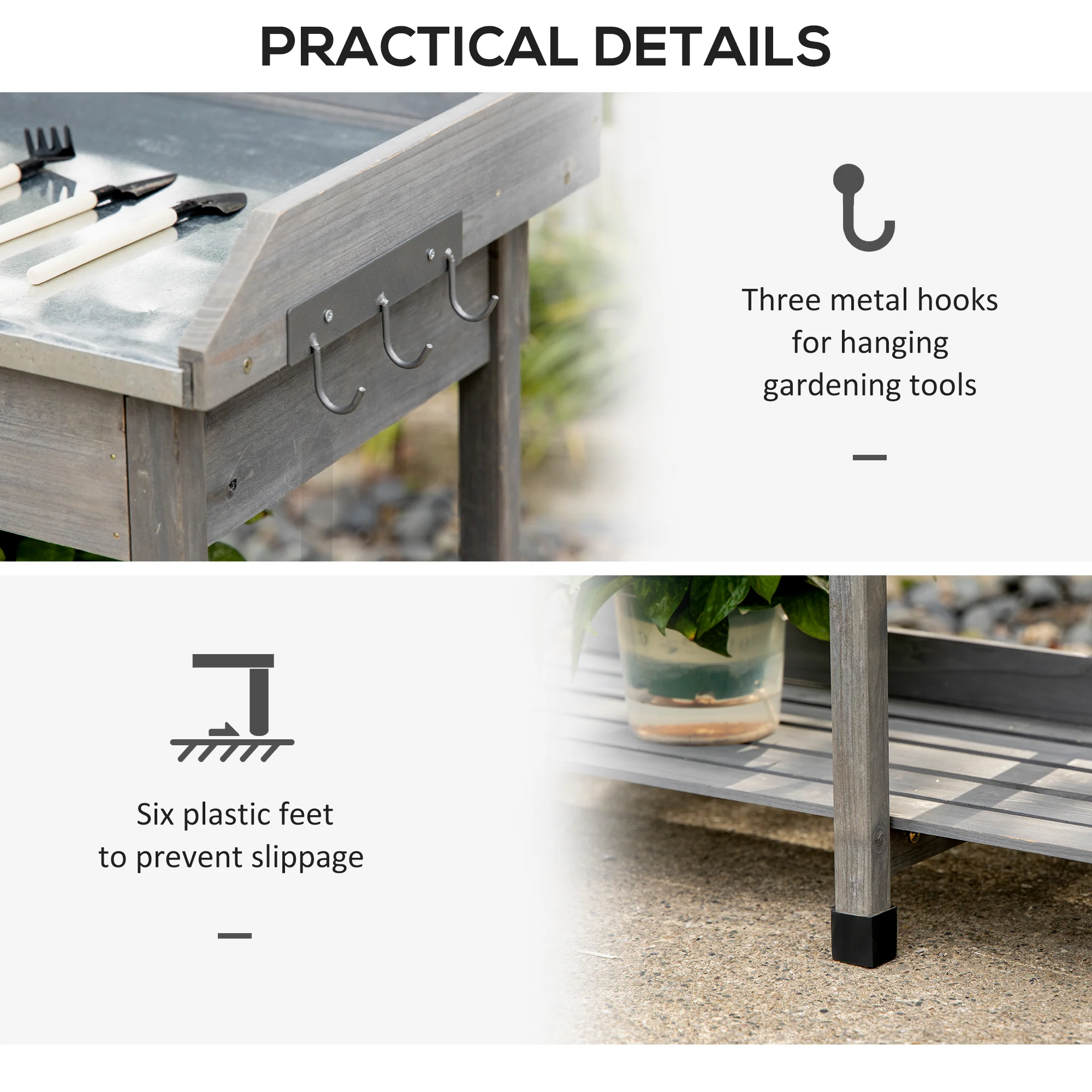 Outsunny Garden Potting Table Wooden Workstation w/ Metal Tabletop, Drawer, Shelves - Image 5