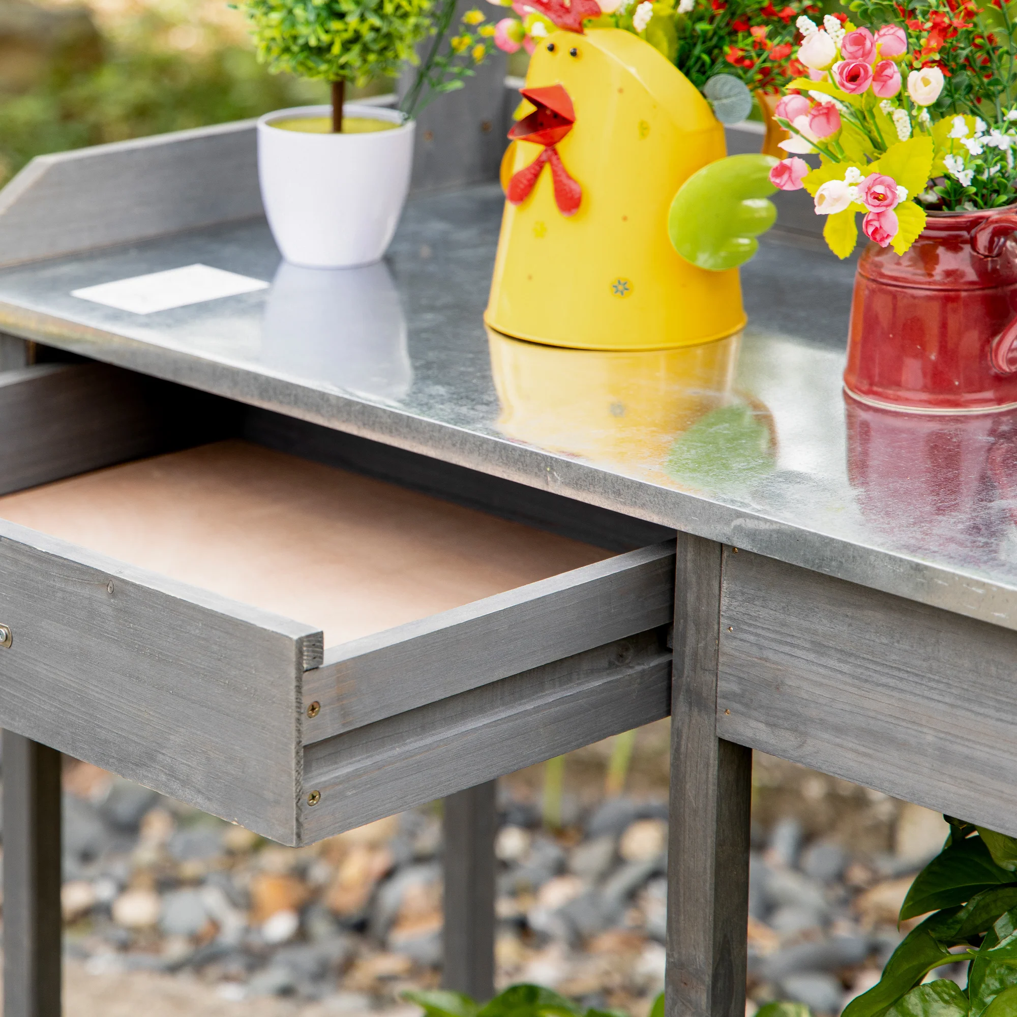 Outsunny Garden Potting Table Wooden Workstation w/ Metal Tabletop, Drawer, Shelves - Image 7