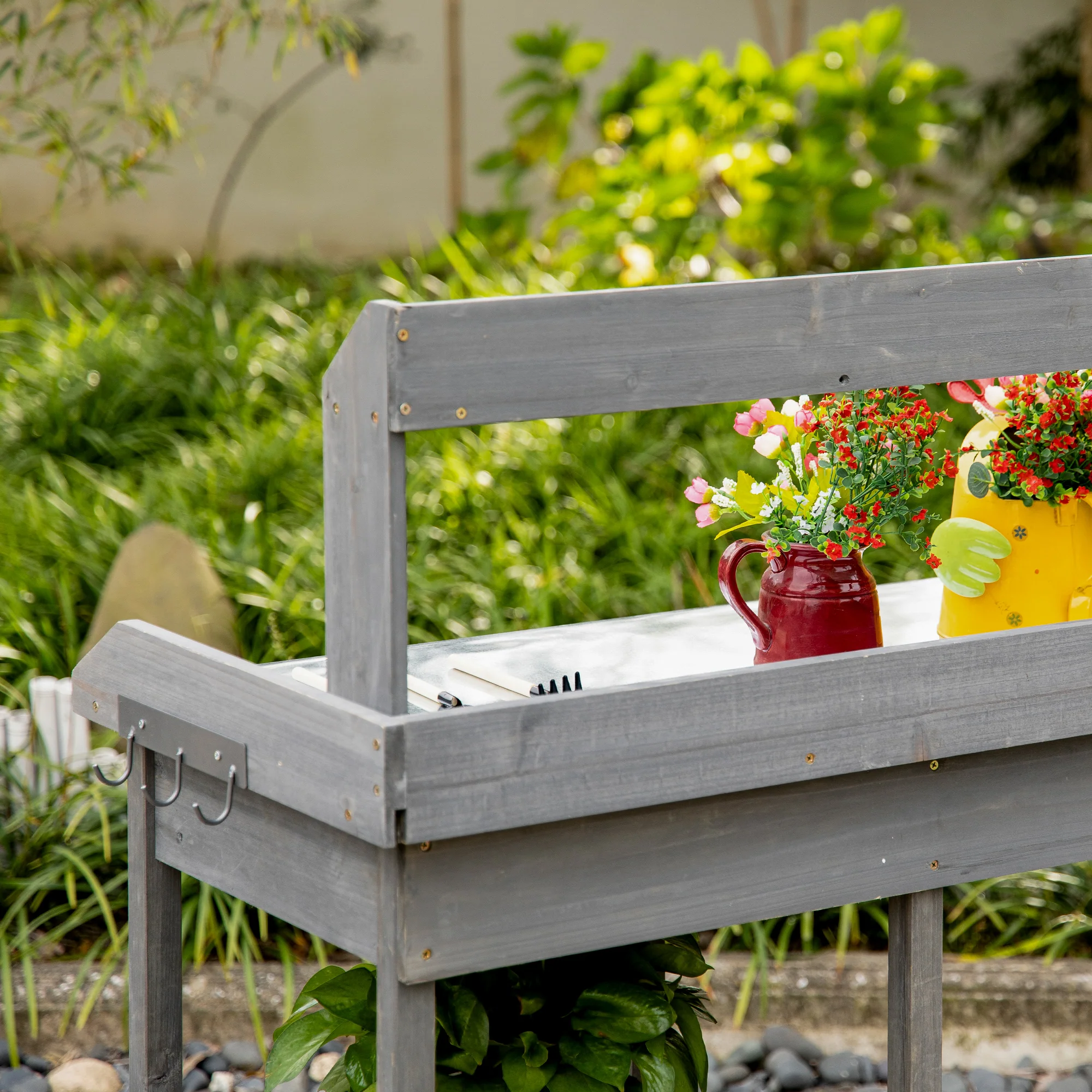 Outsunny Garden Potting Table Wooden Workstation w/ Metal Tabletop, Drawer, Shelves - Image 8