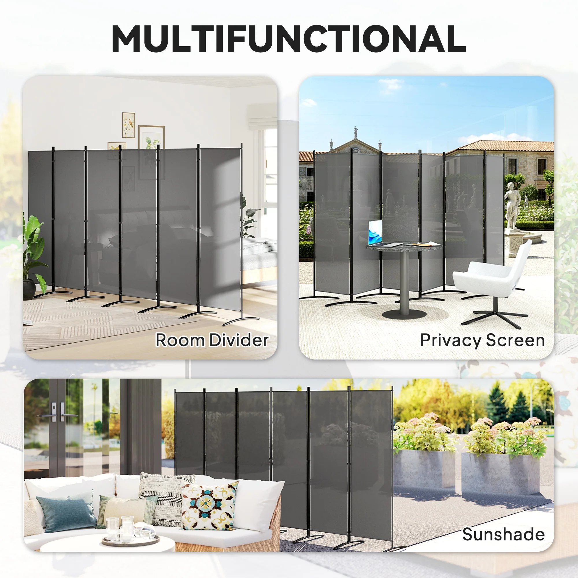 Outsunny Garden Privacy Screen Foldable 6 Panel Room Divider, Dark Grey - Image 3