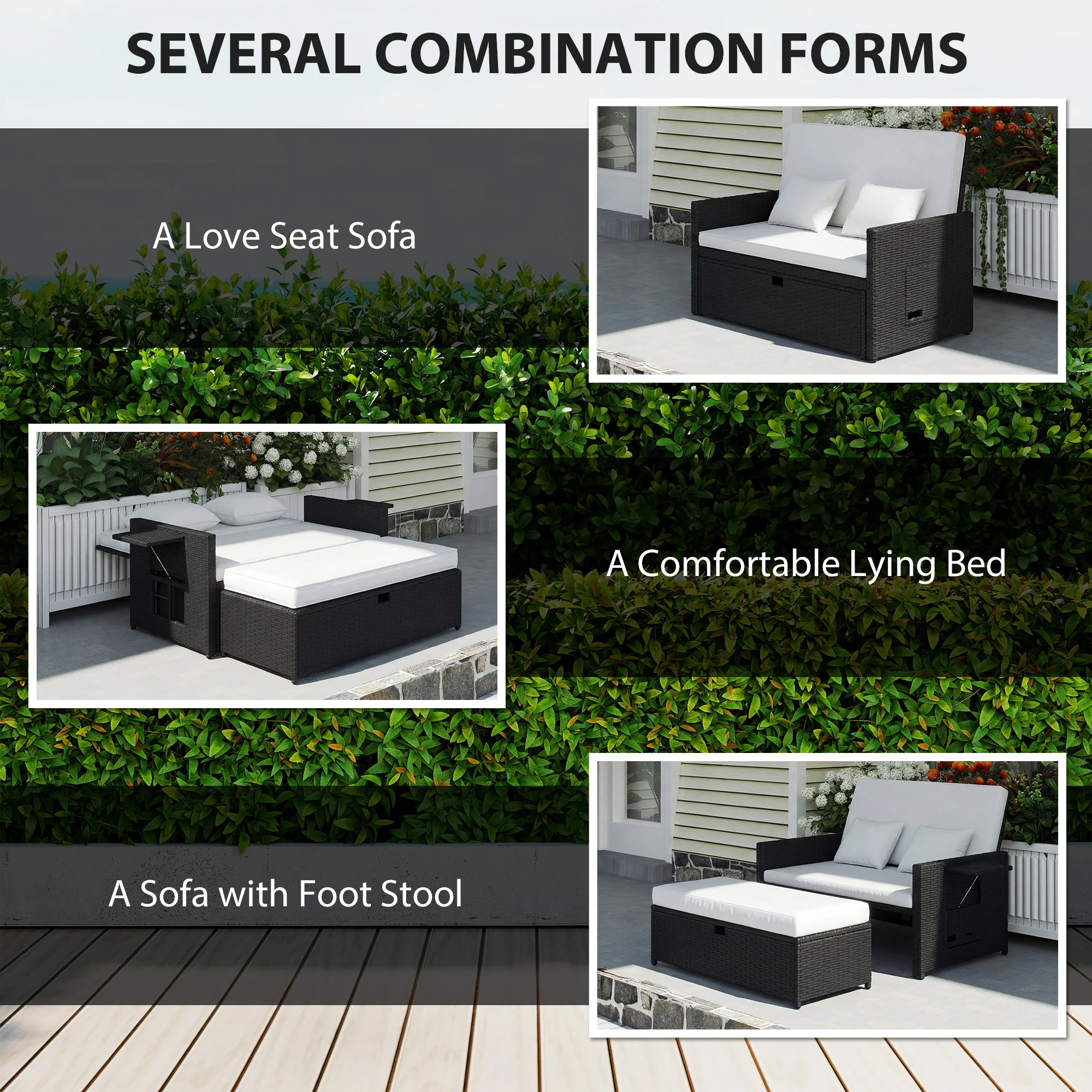 Outsunny Garden Rattan Furniture Set 2 Seater Patio Sun Lounger Daybed Cream - Image 5