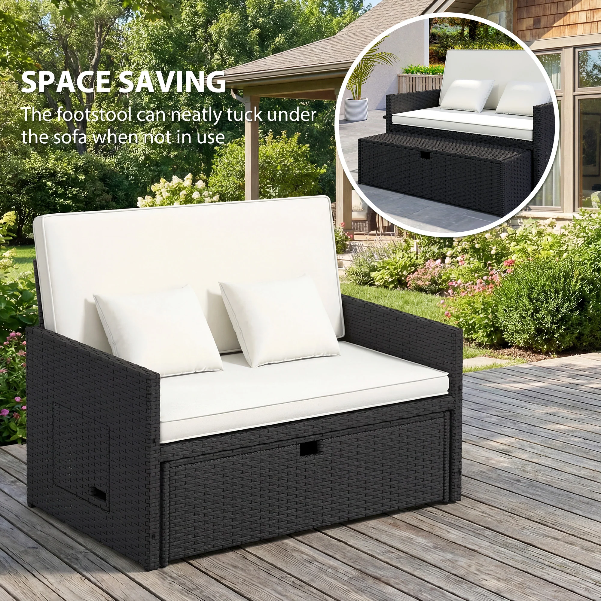 Outsunny Garden Rattan Furniture Set 2 Seater Patio Sun Lounger Daybed Cream - Image 7