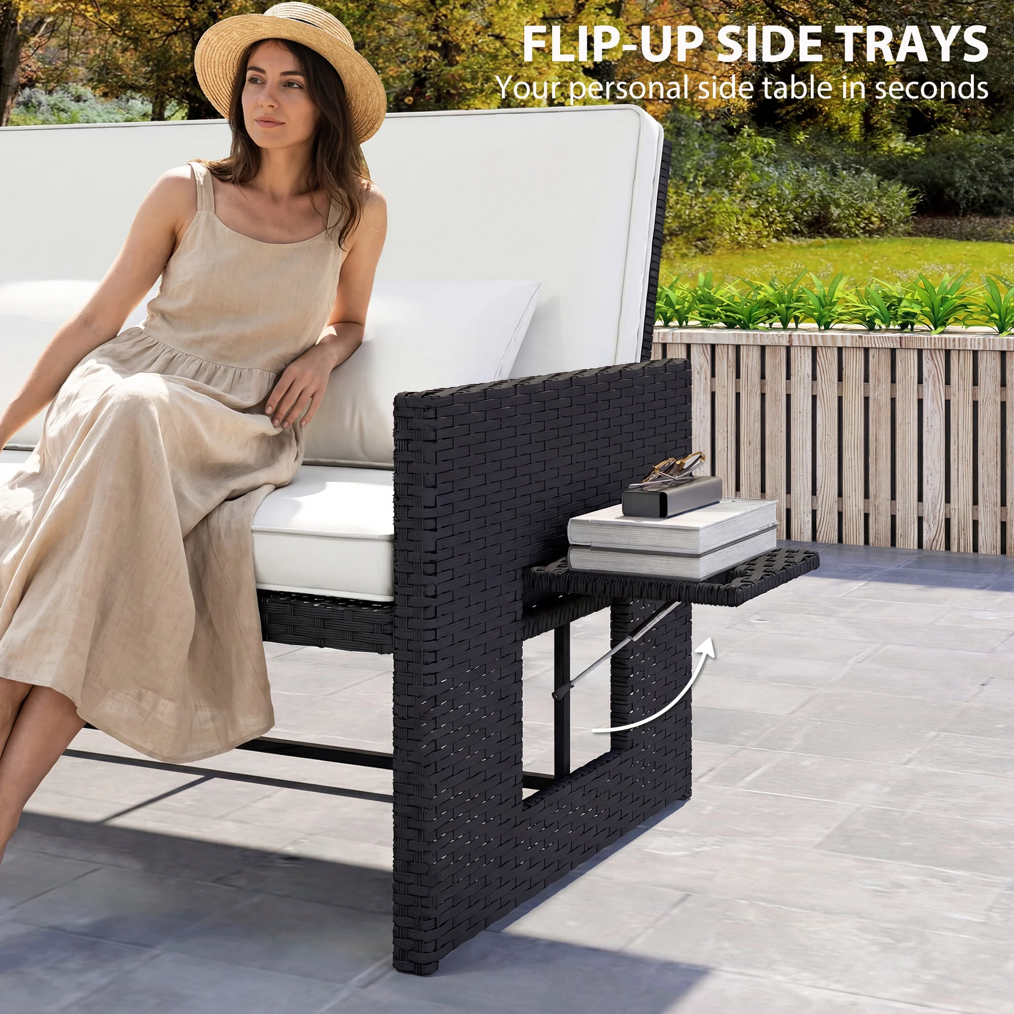 Outsunny Garden Rattan Furniture Set 2 Seater Patio Sun Lounger Daybed Cream - Image 8