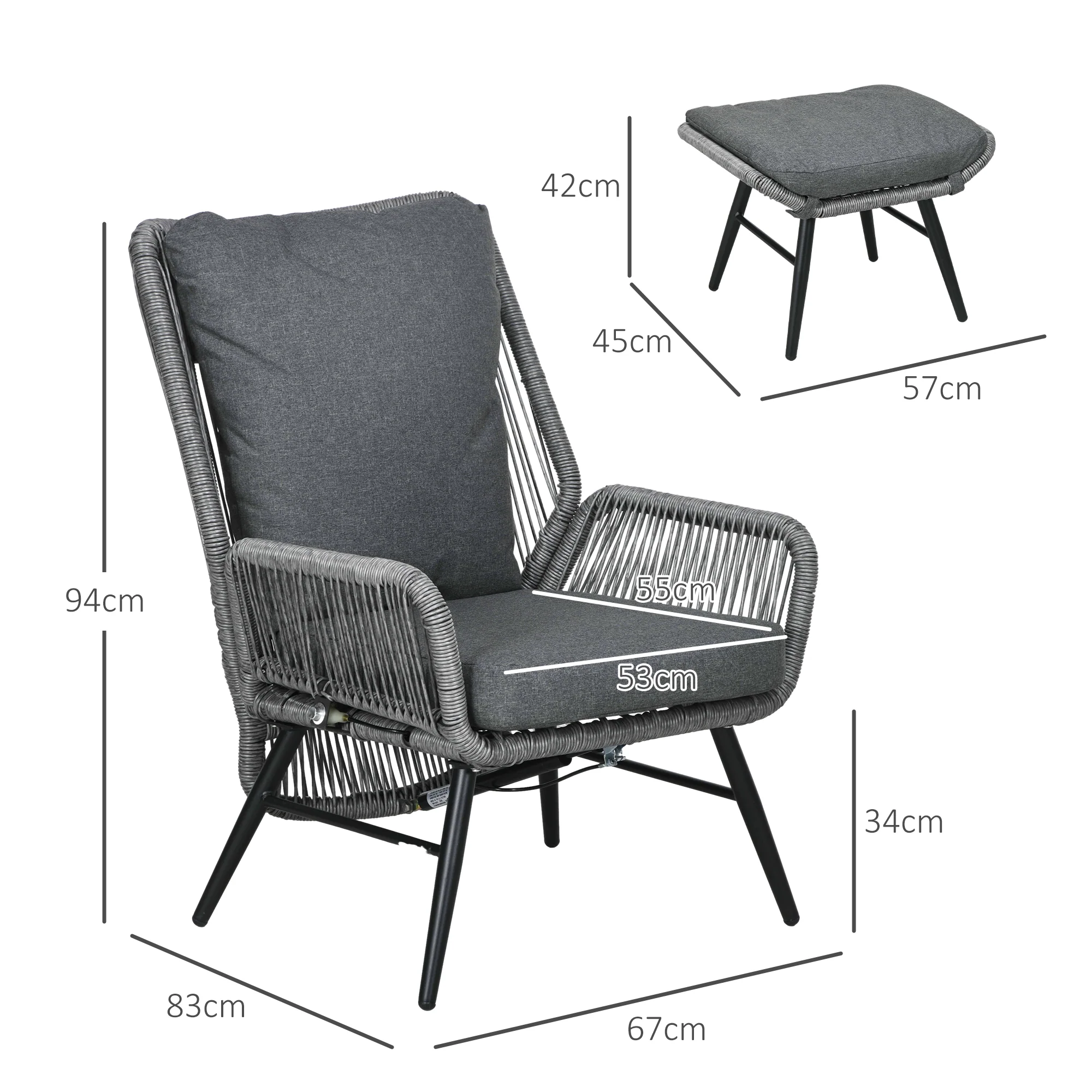Outsunny Garden Rattan Leisure Chair Set with Adjustable Backrest, Grey - Image 5