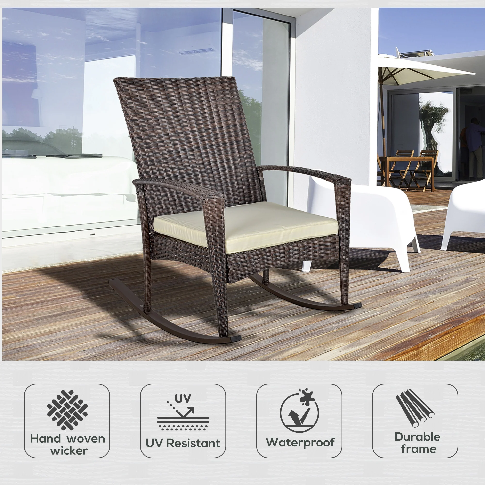 Outsunny Garden Rattan Rocking Chair, Bistro Recliner Rocker Furniture Seater - Image 3