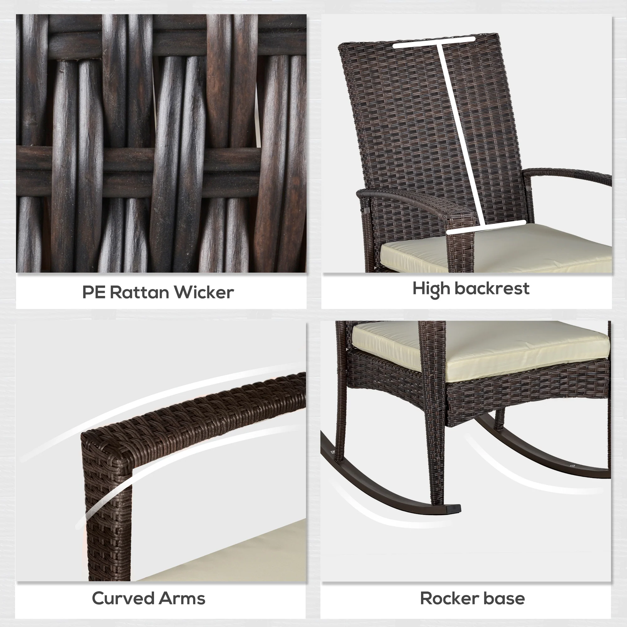 Outsunny Garden Rattan Rocking Chair, Bistro Recliner Rocker Furniture Seater - Image 6