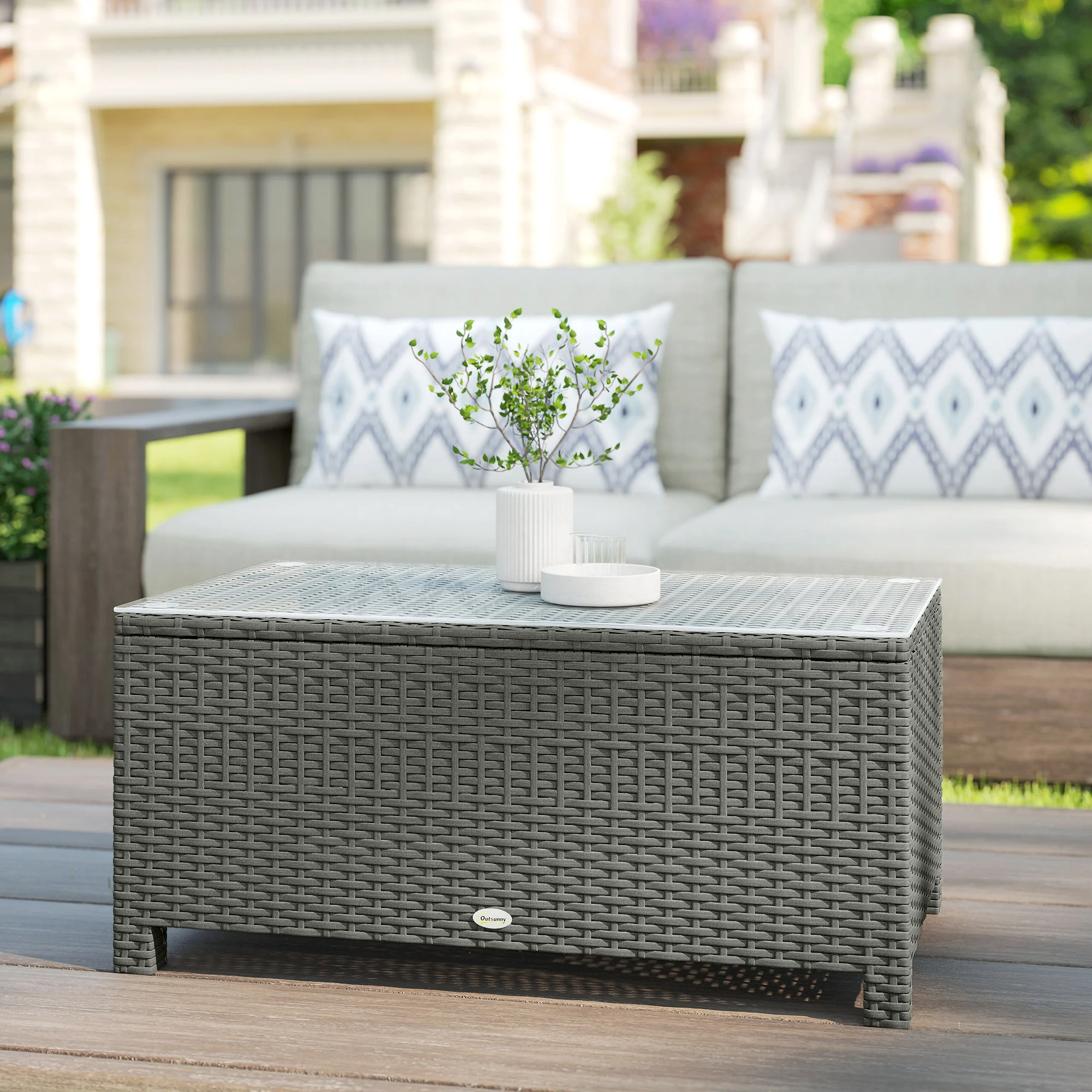 Outsunny Garden Rattan Side Table, Wicker Coffee Desk, Glass Top, Light Grey - Image 9