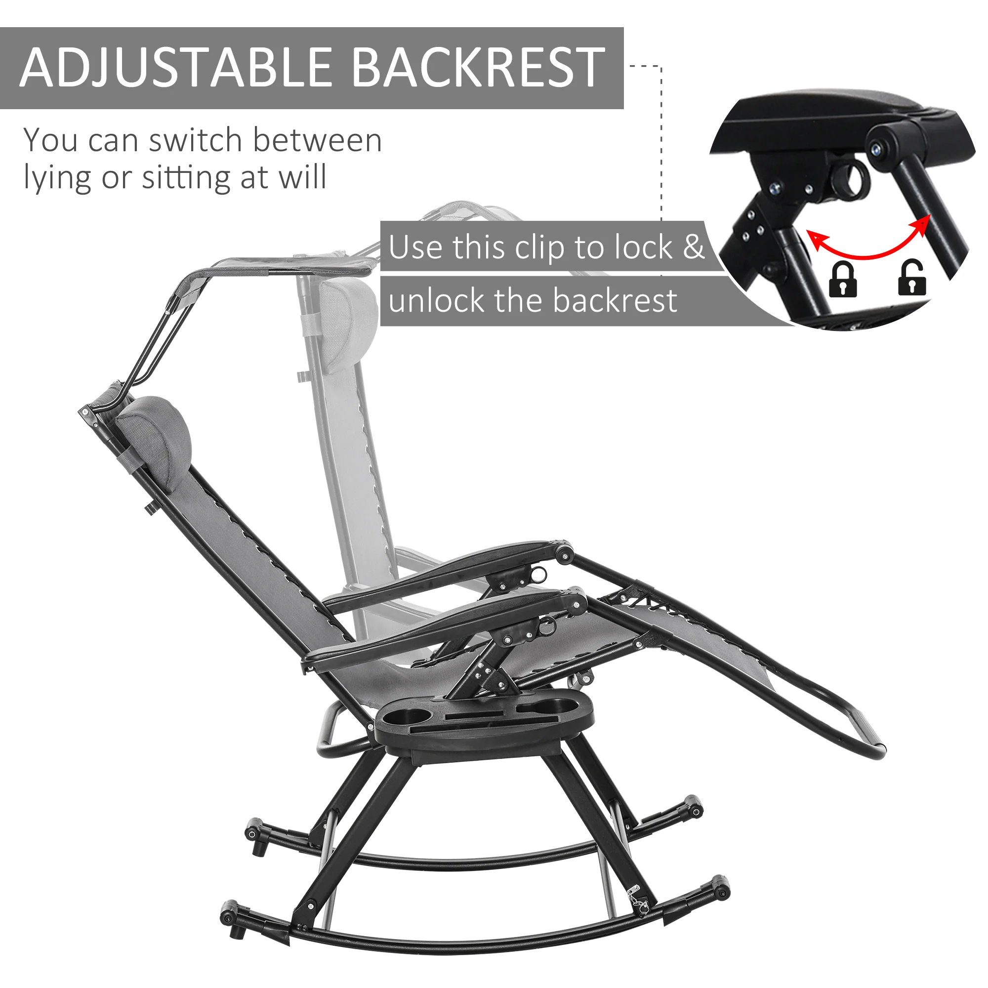 Outsunny Garden Rocking Chair Folding Recliner Outdoor Adjustable Sun Lounger Rocker Zero-Gravity Seat with Headrest Side Holder Patio Deck - Grey - Image 6