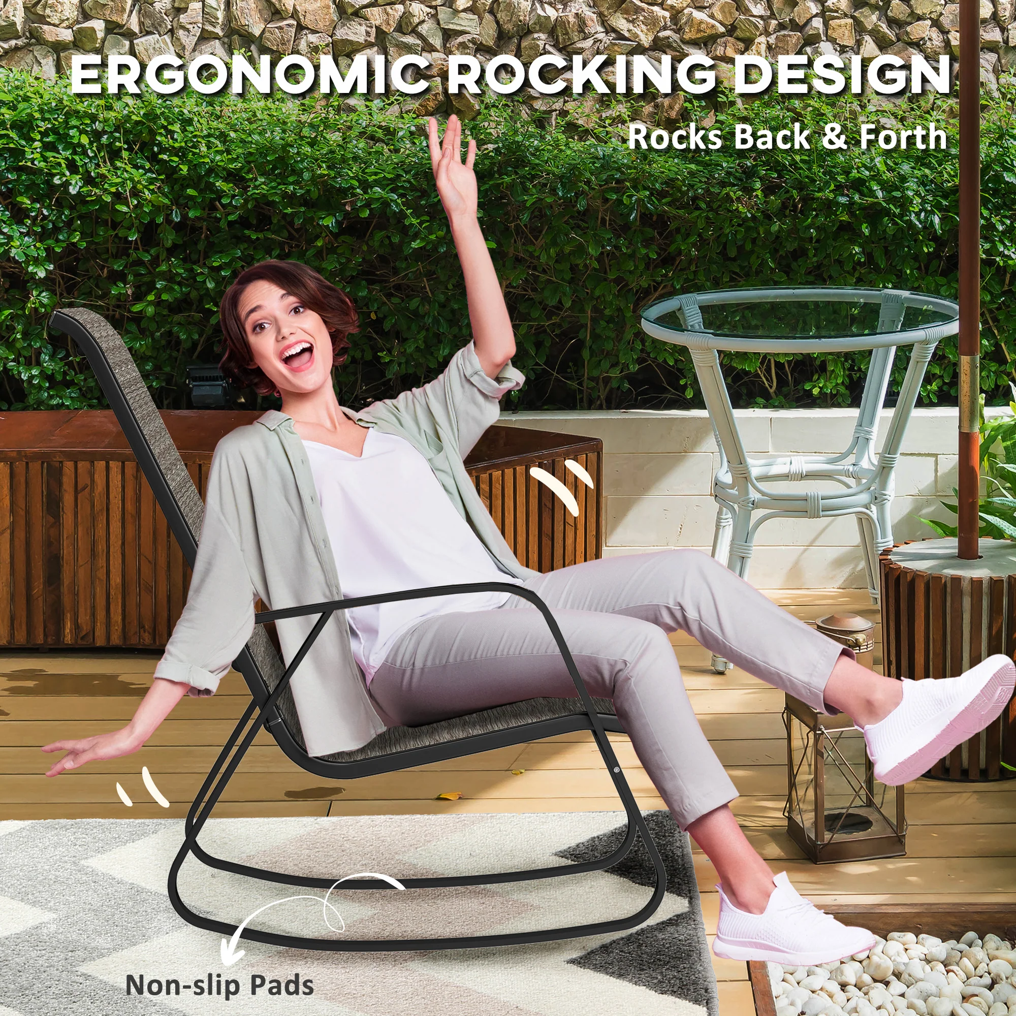 Outsunny Garden Rocking Chair With Armrests, High Back - Image 12