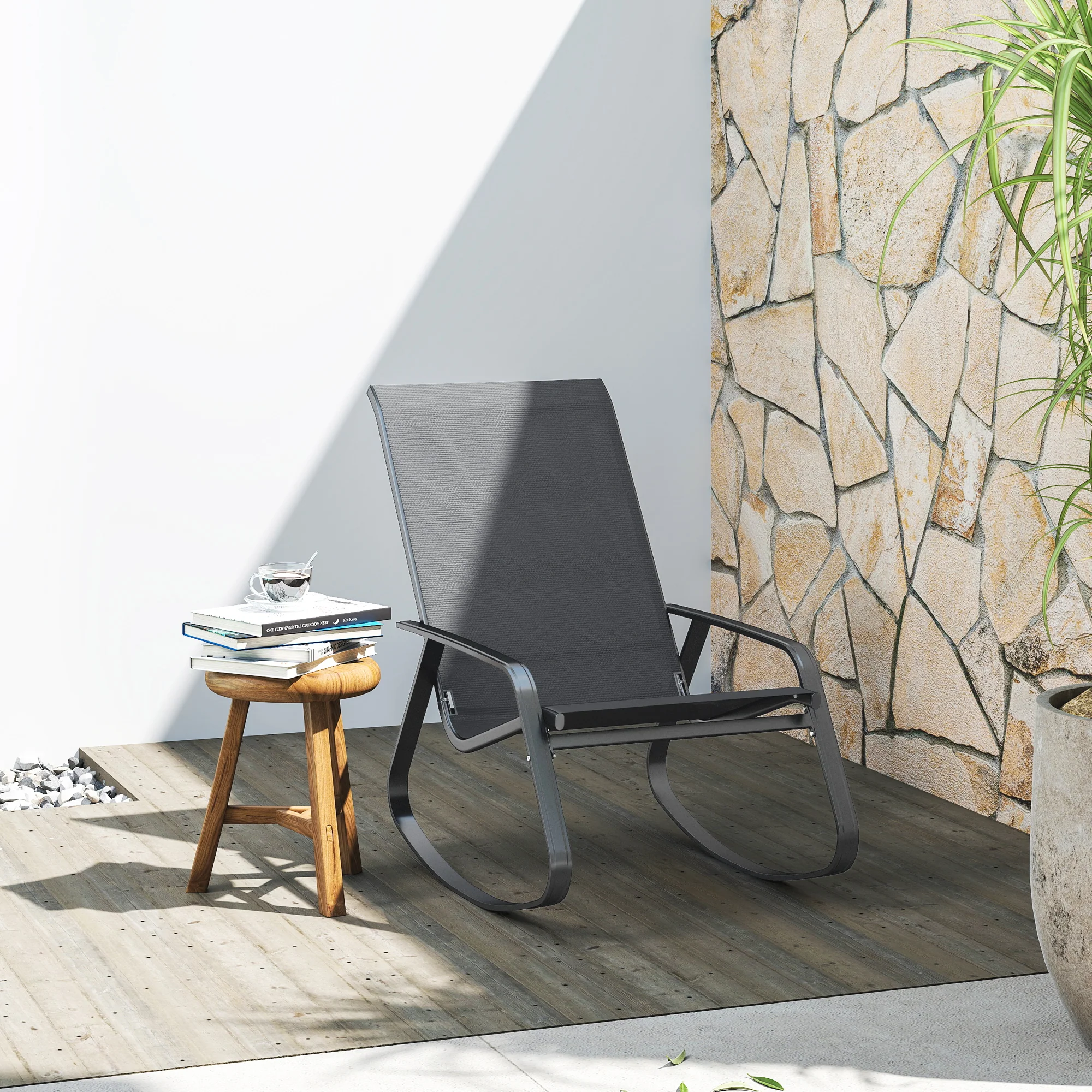 Outsunny Garden Rocking Chair With Armrests, High Back - Image 2