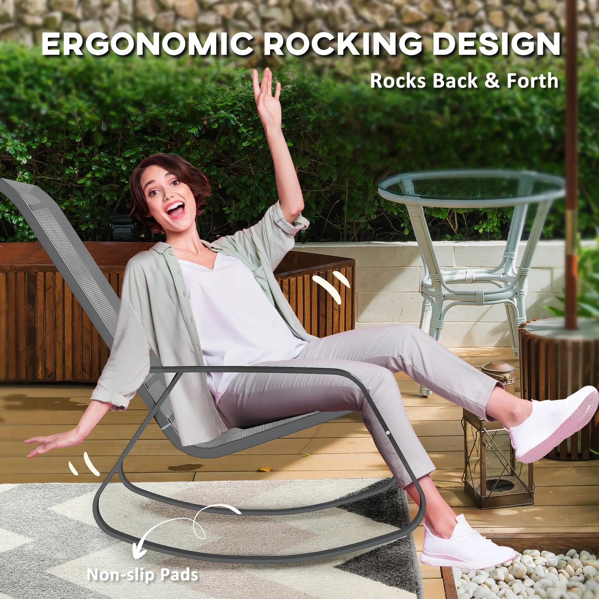 Outsunny Garden Rocking Chair With Armrests, High Back - Image 3