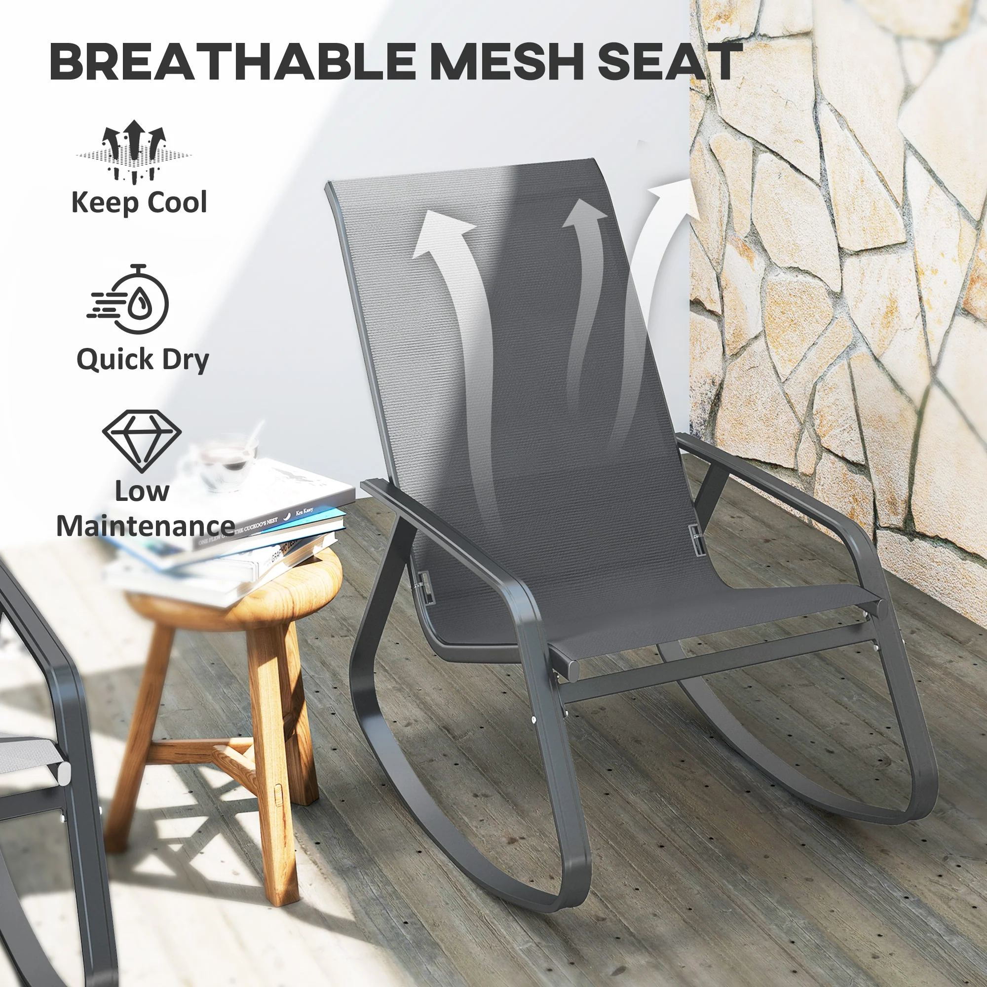 Outsunny Garden Rocking Chair With Armrests, High Back - Image 6