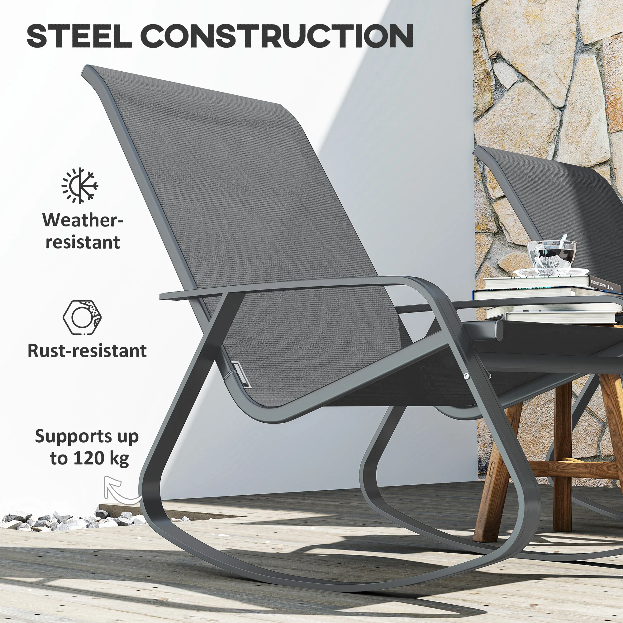 Outsunny Garden Rocking Chair With Armrests, High Back - Image 7