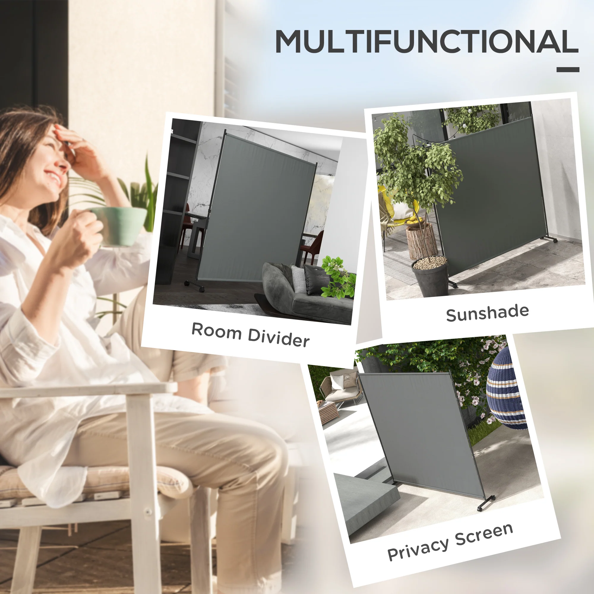 Outsunny Garden Screen with Wheels, 6ft Rolling Privacy Room Divider, Dark Grey - Image 3
