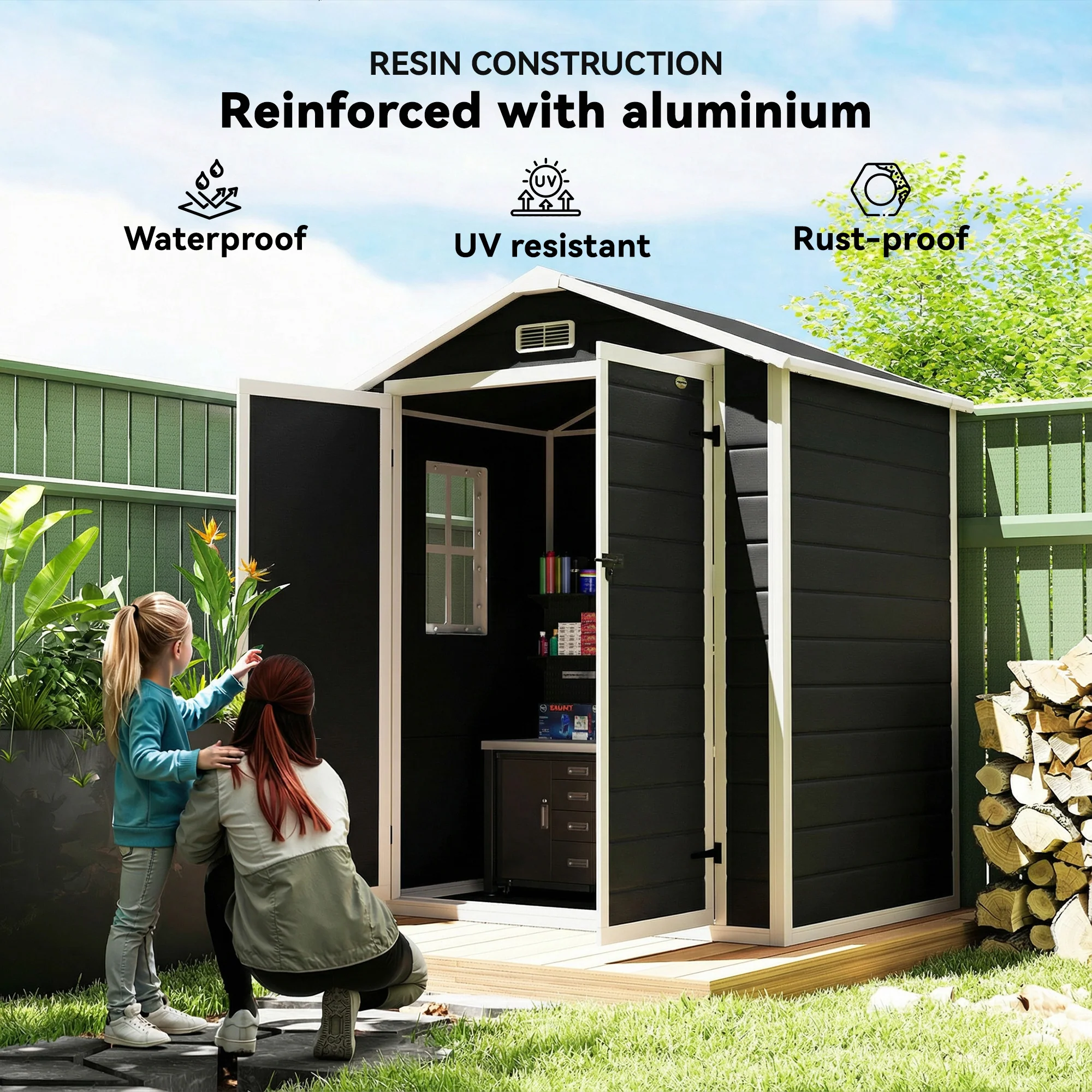Outsunny Garden Shed 6'x4.5' Plastic Tool Storage House W/ Lockable Double Doors - Image 4
