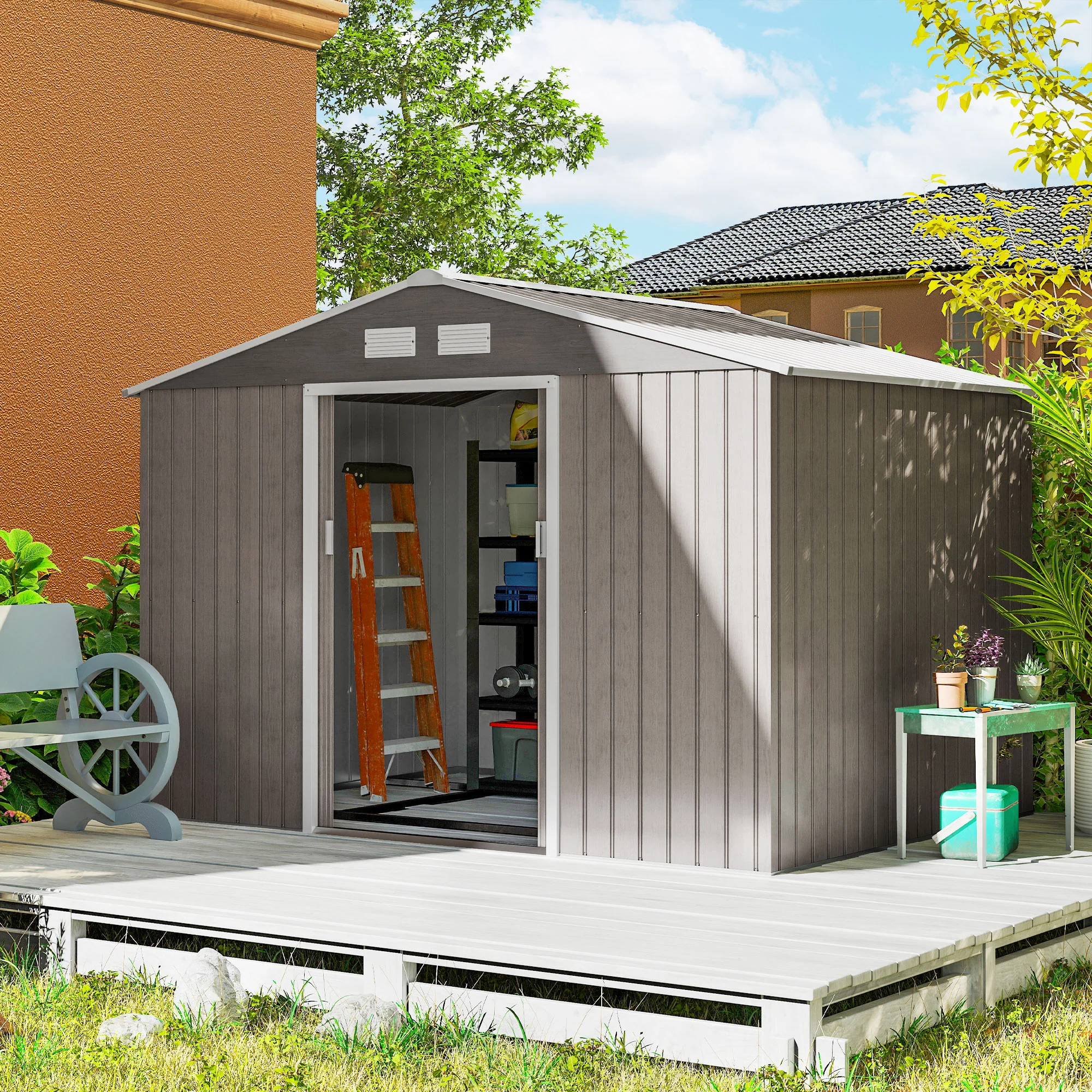 Outsunny Garden Shed Storage Unit w/Locking Door Floor Foundation Vent Grey - Image 2