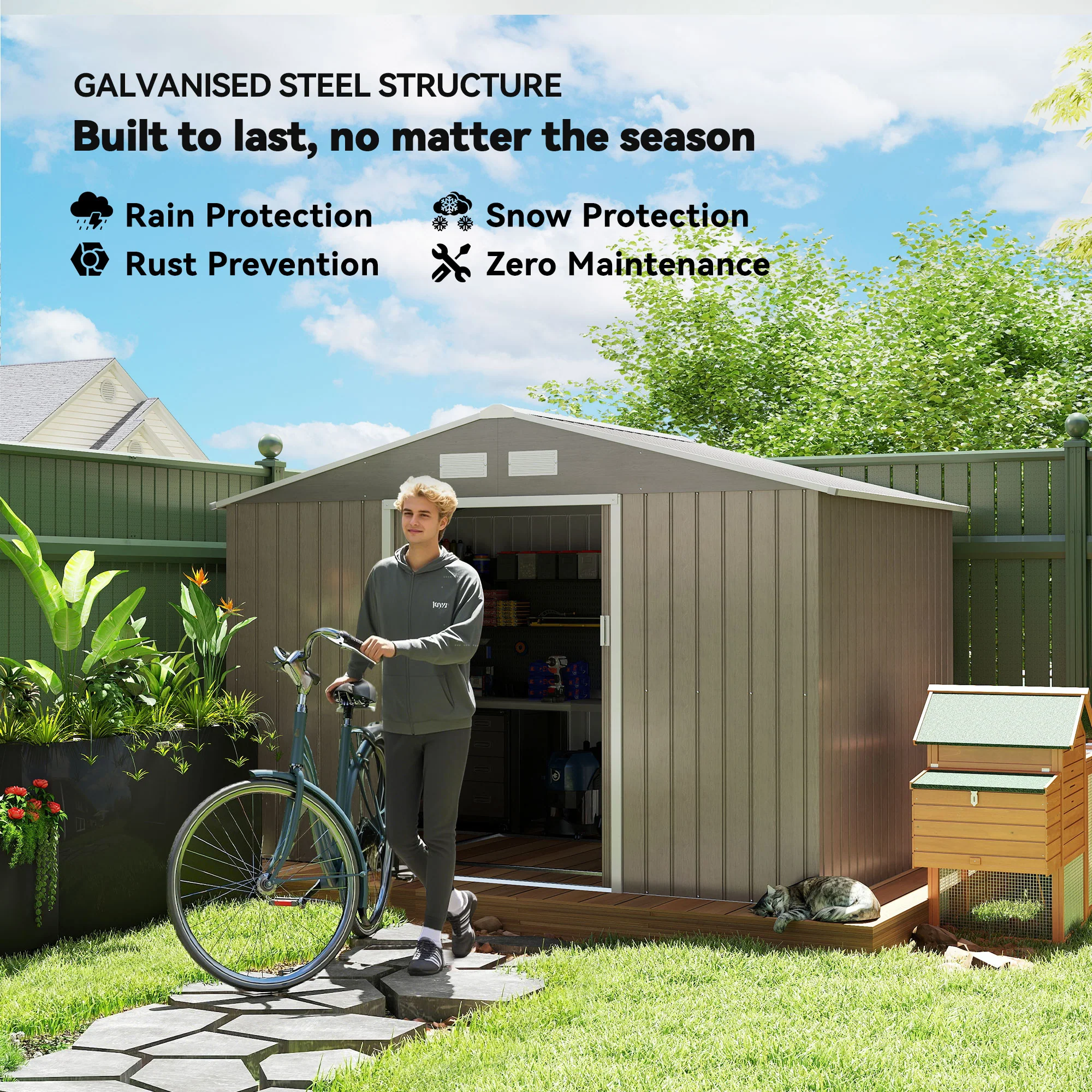 Outsunny Garden Shed Storage Unit w/Locking Door Floor Foundation Vent Grey - Image 3