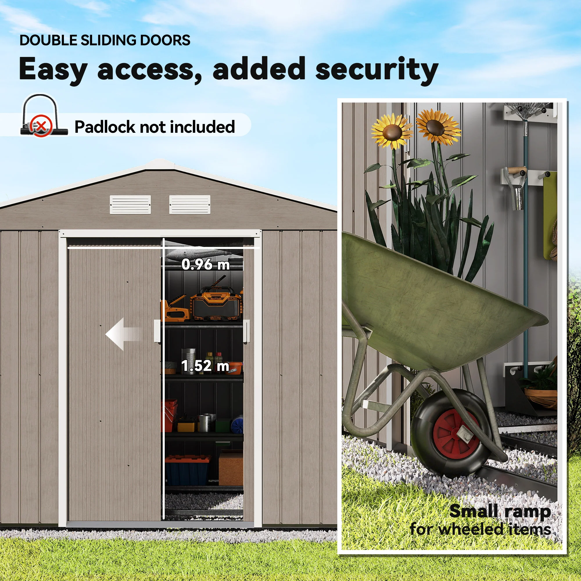 Outsunny Garden Shed Storage Unit w/Locking Door Floor Foundation Vent Grey - Image 4