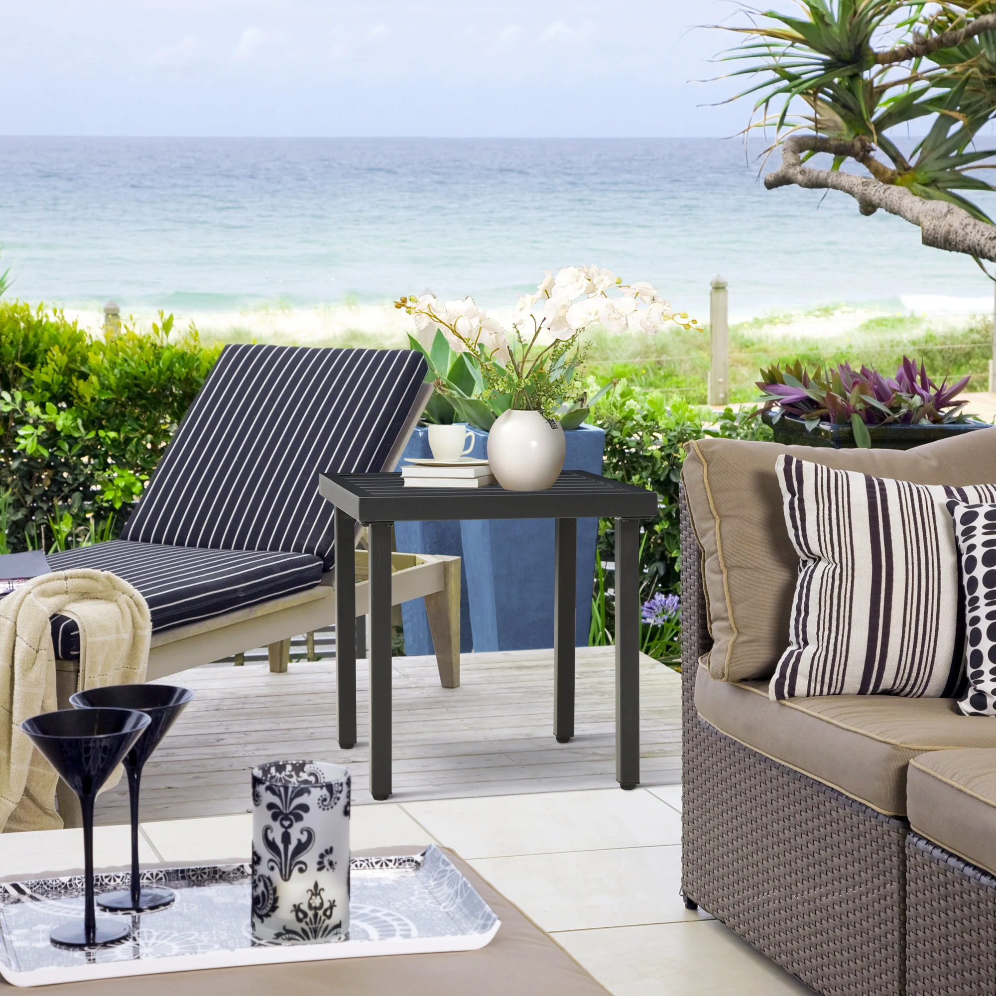Outsunny Garden Side Table Coffee Table with Umbrella Hole for Patio Balcony - Image 2