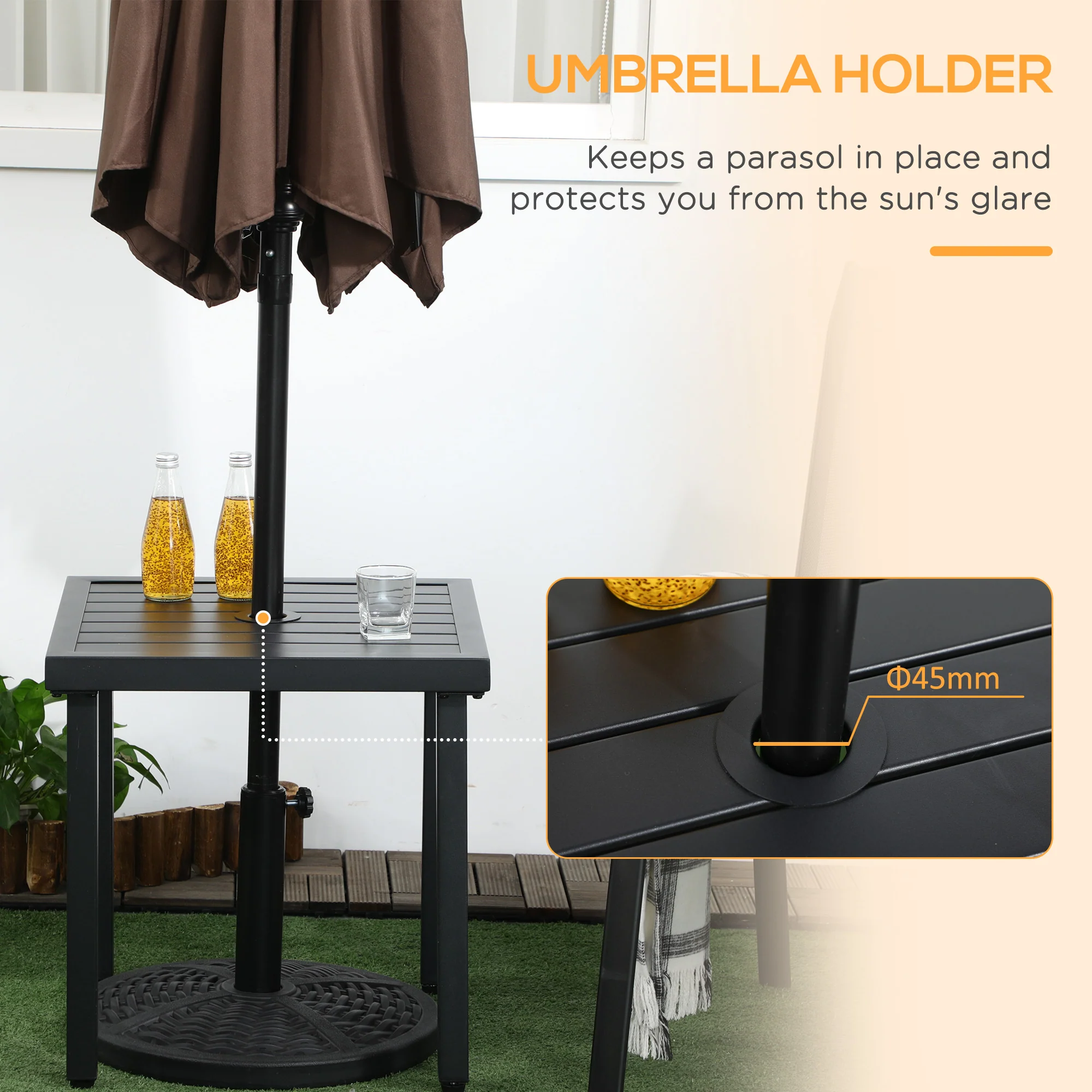 Outsunny Garden Side Table Coffee Table with Umbrella Hole for Patio Balcony - Image 3