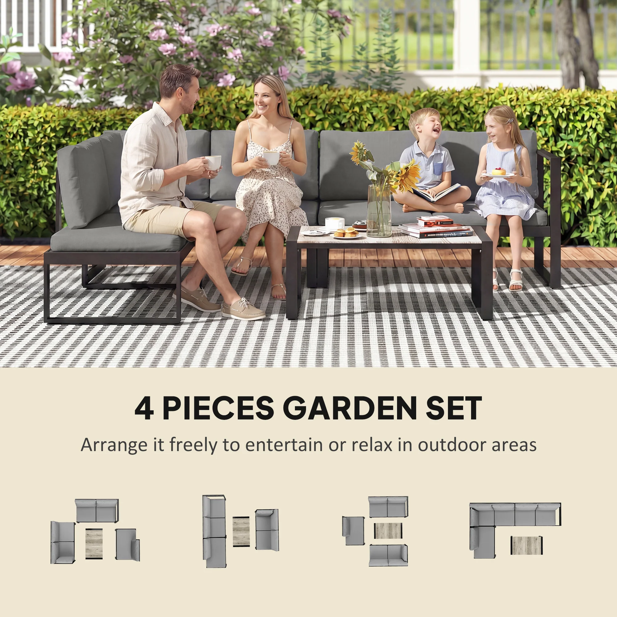 Outsunny Garden Sofa Set with 2 Loveseats, Armless Chair, Coffee Table - Image 3