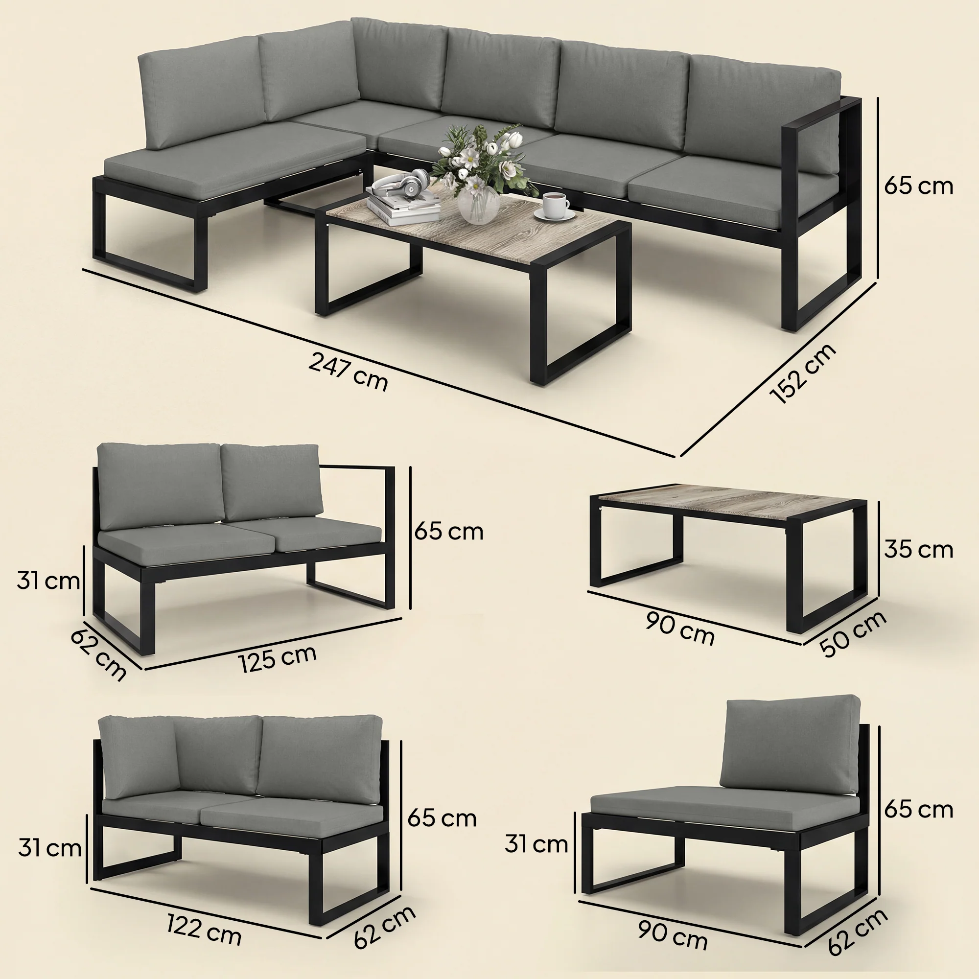 Outsunny Garden Sofa Set with 2 Loveseats, Armless Chair, Coffee Table - Image 5