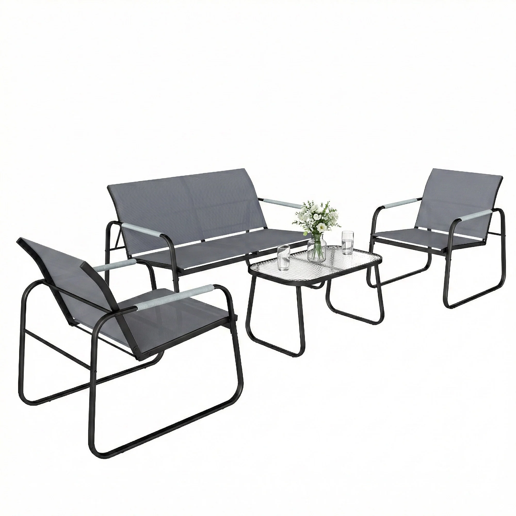 Outsunny Garden Sofa Set With Loveseat, 2 Armchairs, Tempered Glass Table