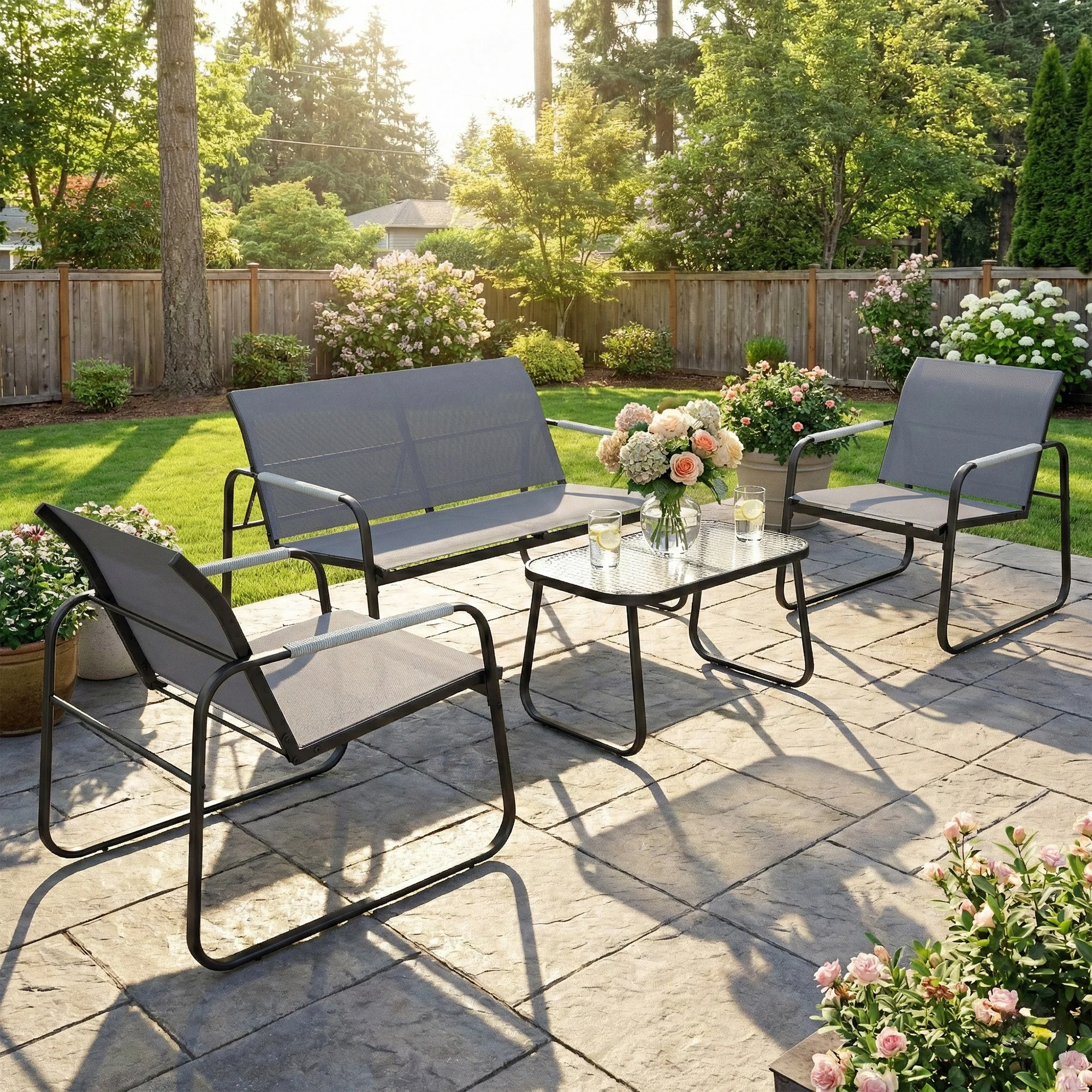 Outsunny Garden Sofa Set With Loveseat, 2 Armchairs, Tempered Glass Table - Image 2