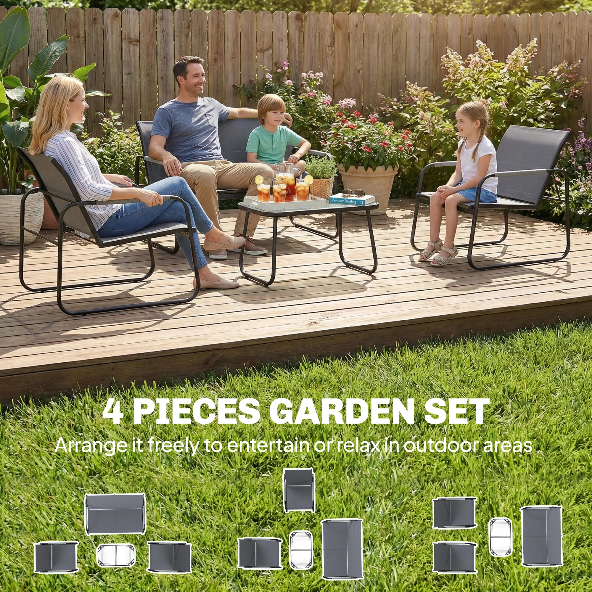 Outsunny Garden Sofa Set With Loveseat, 2 Armchairs, Tempered Glass Table - Image 4