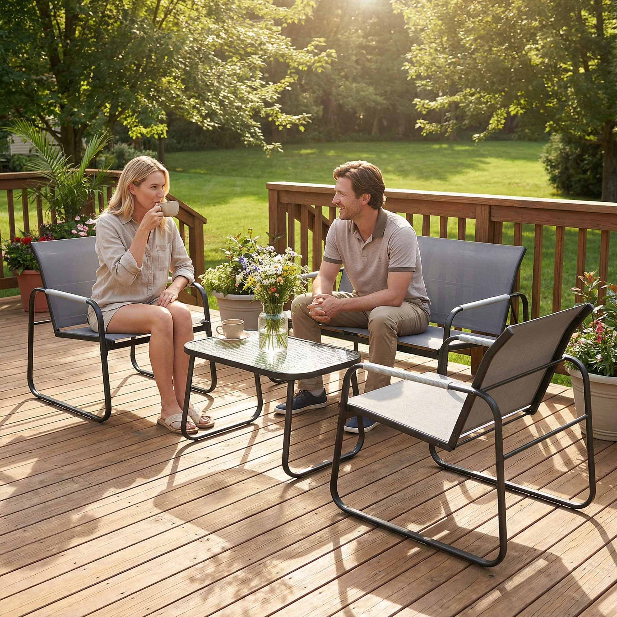 Outsunny Garden Sofa Set With Loveseat, 2 Armchairs, Tempered Glass Table - Image 7