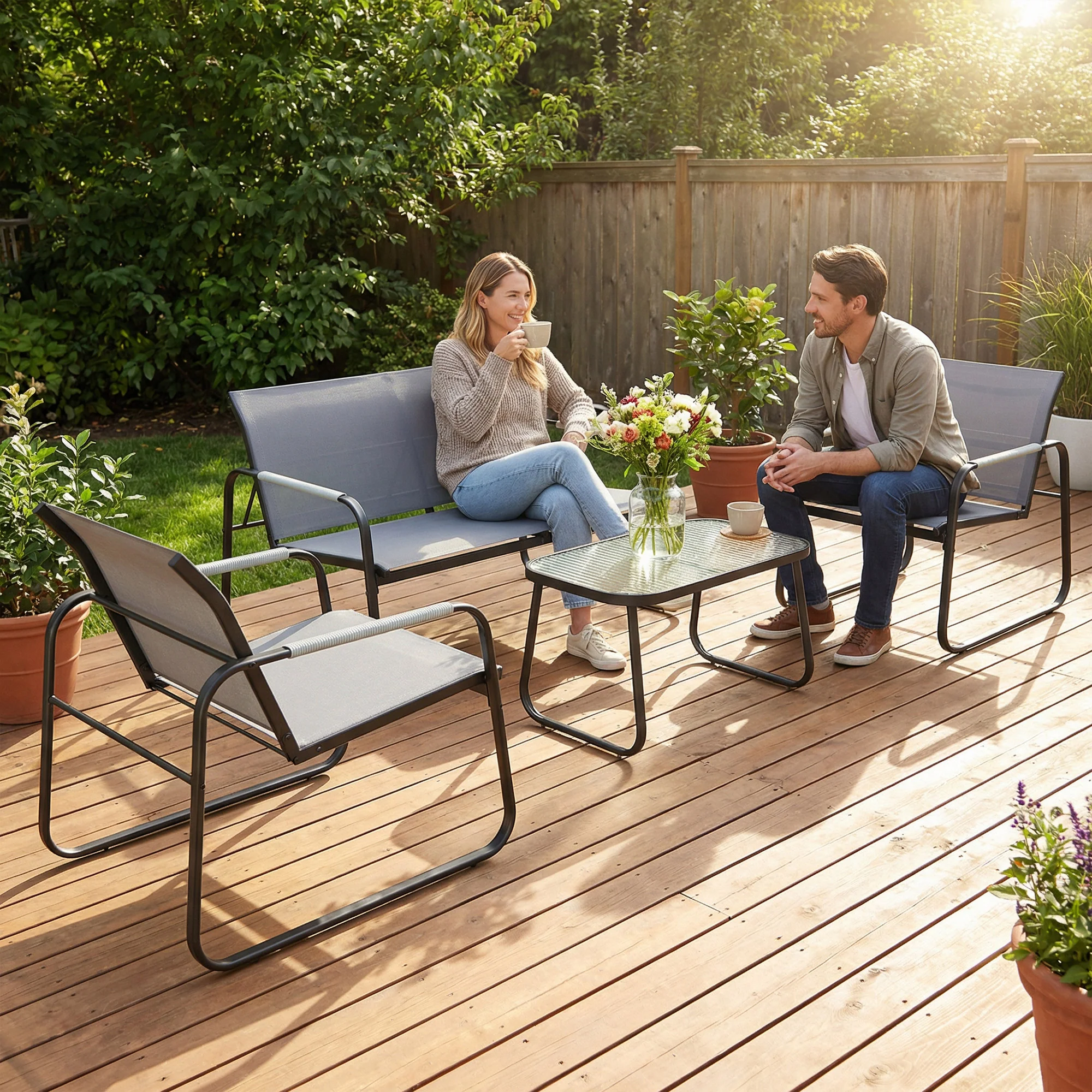 Outsunny Garden Sofa Set With Loveseat, 2 Armchairs, Tempered Glass Table - Image 9
