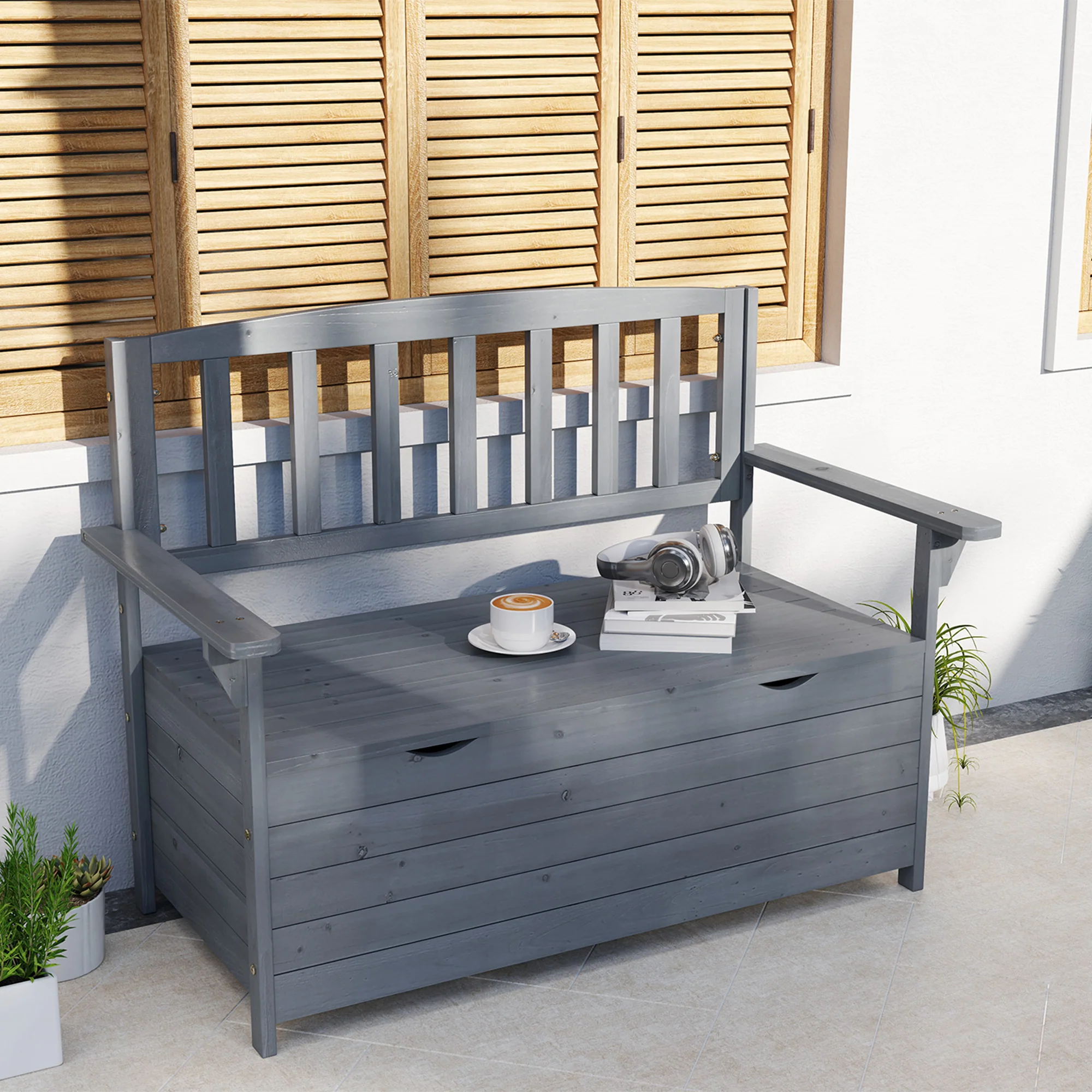 Outsunny Garden Storage Bench, 2 Seater Fir Wood Outdoor Bench, Dark Grey - Image 2