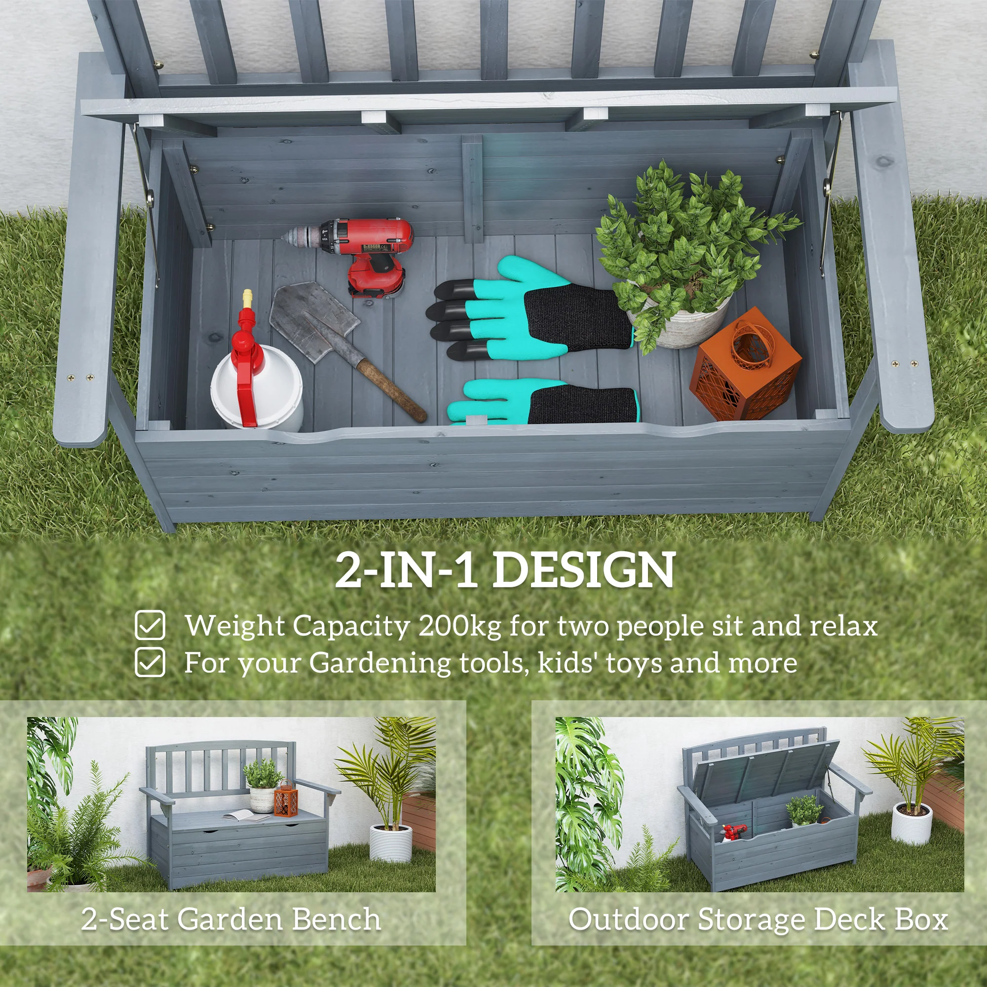 Outsunny Garden Storage Bench, 2 Seater Fir Wood Outdoor Bench, Dark Grey - Image 3