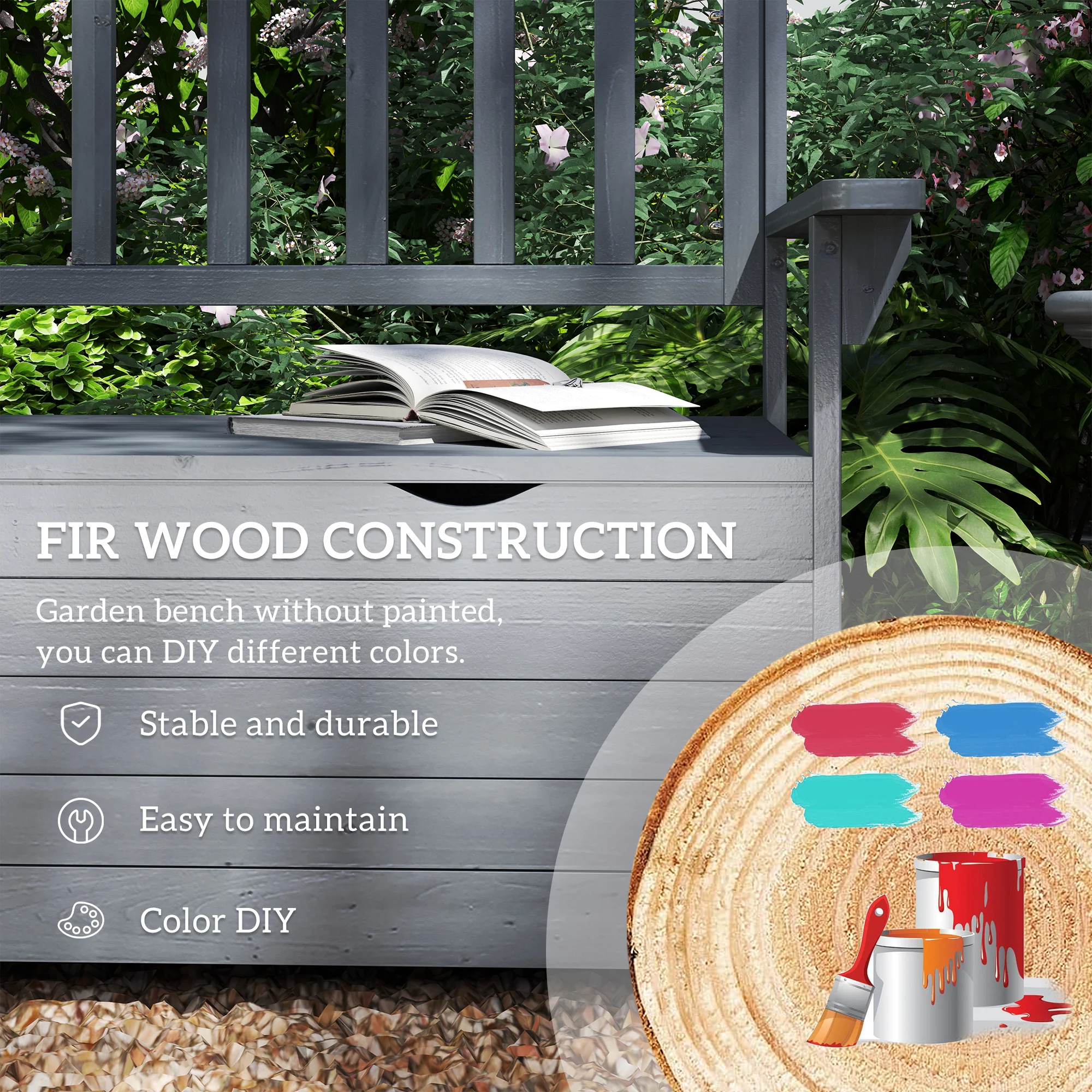 Outsunny Garden Storage Bench, 2 Seater Fir Wood Outdoor Bench, Dark Grey - Image 4