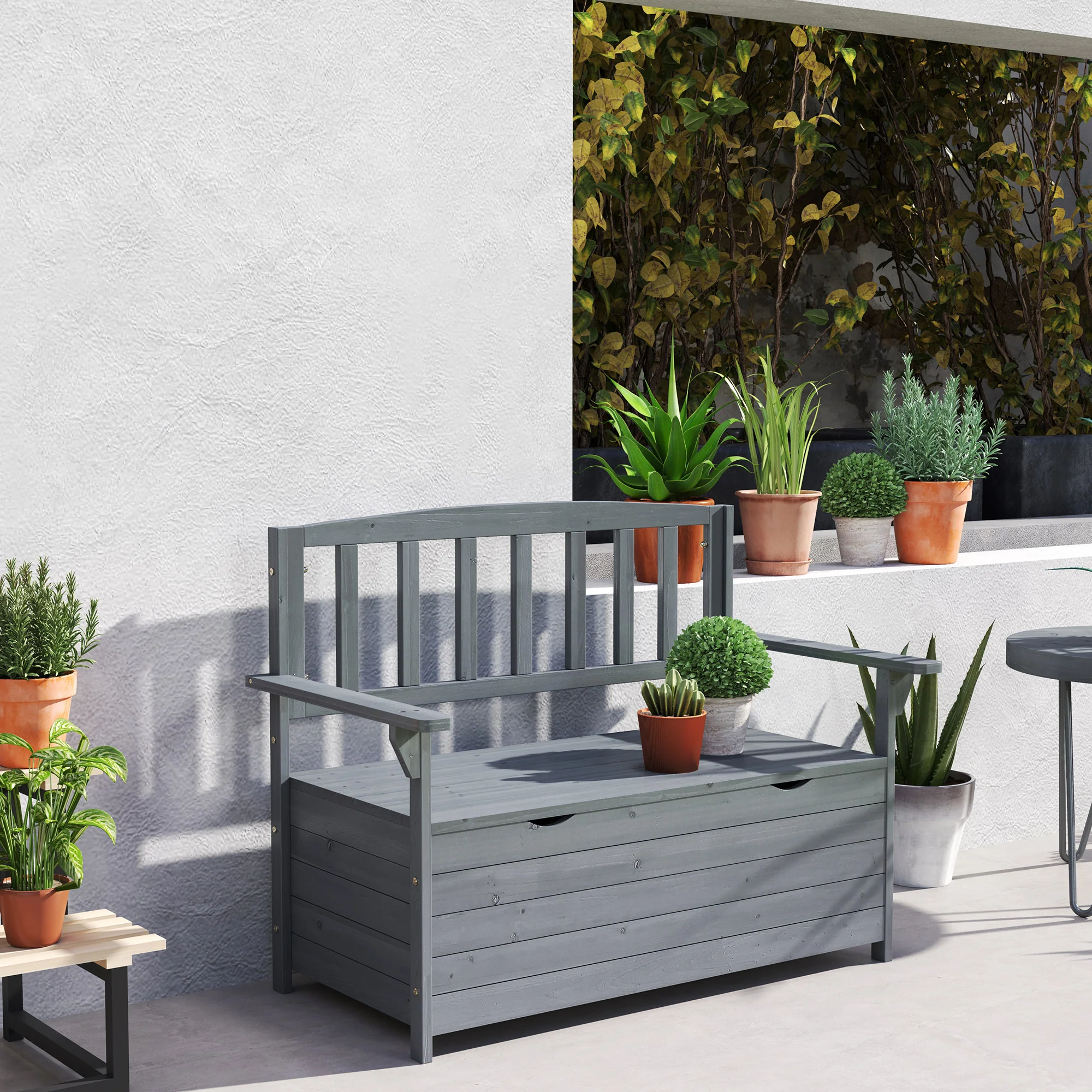 Outsunny Garden Storage Bench, 2 Seater Fir Wood Outdoor Bench, Dark Grey - Image 6