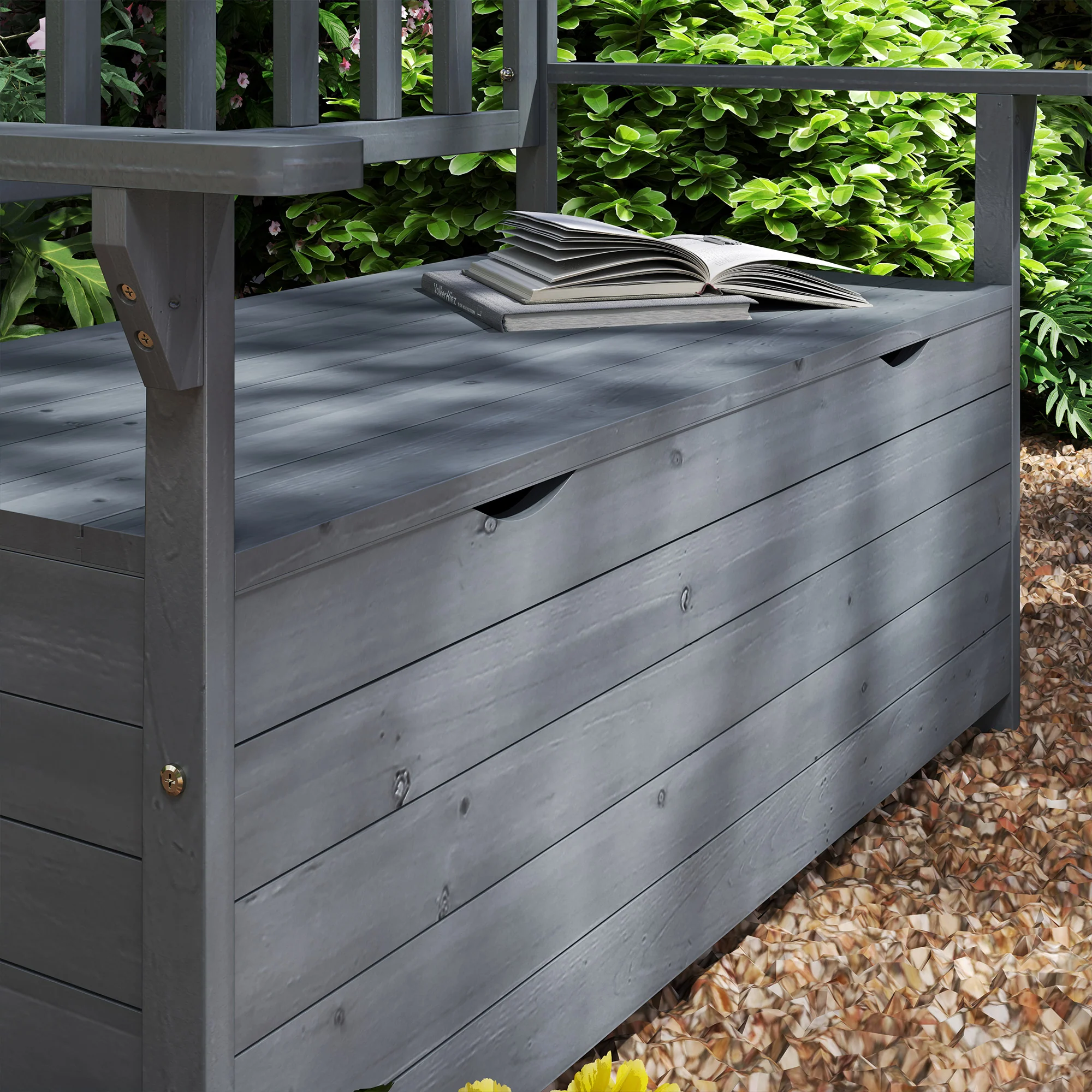 Outsunny Garden Storage Bench, 2 Seater Fir Wood Outdoor Bench, Dark Grey - Image 9