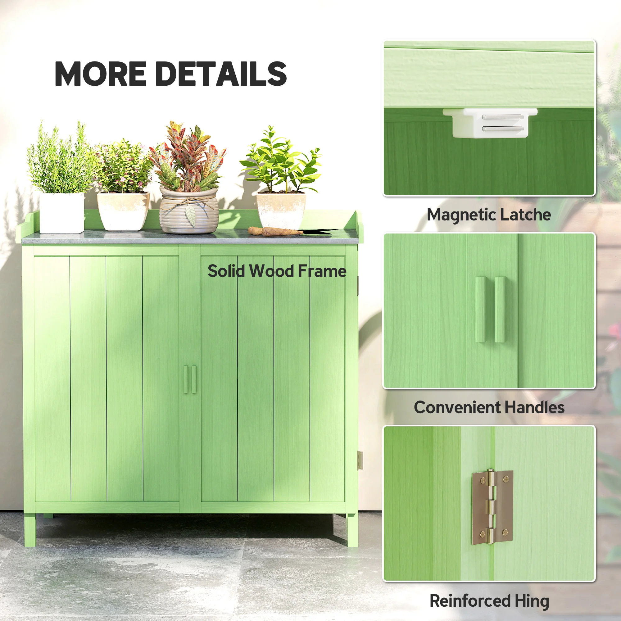 Outsunny Garden Storage Cabinet Potting Bench Table W/ galvanised Top Green - Image 6
