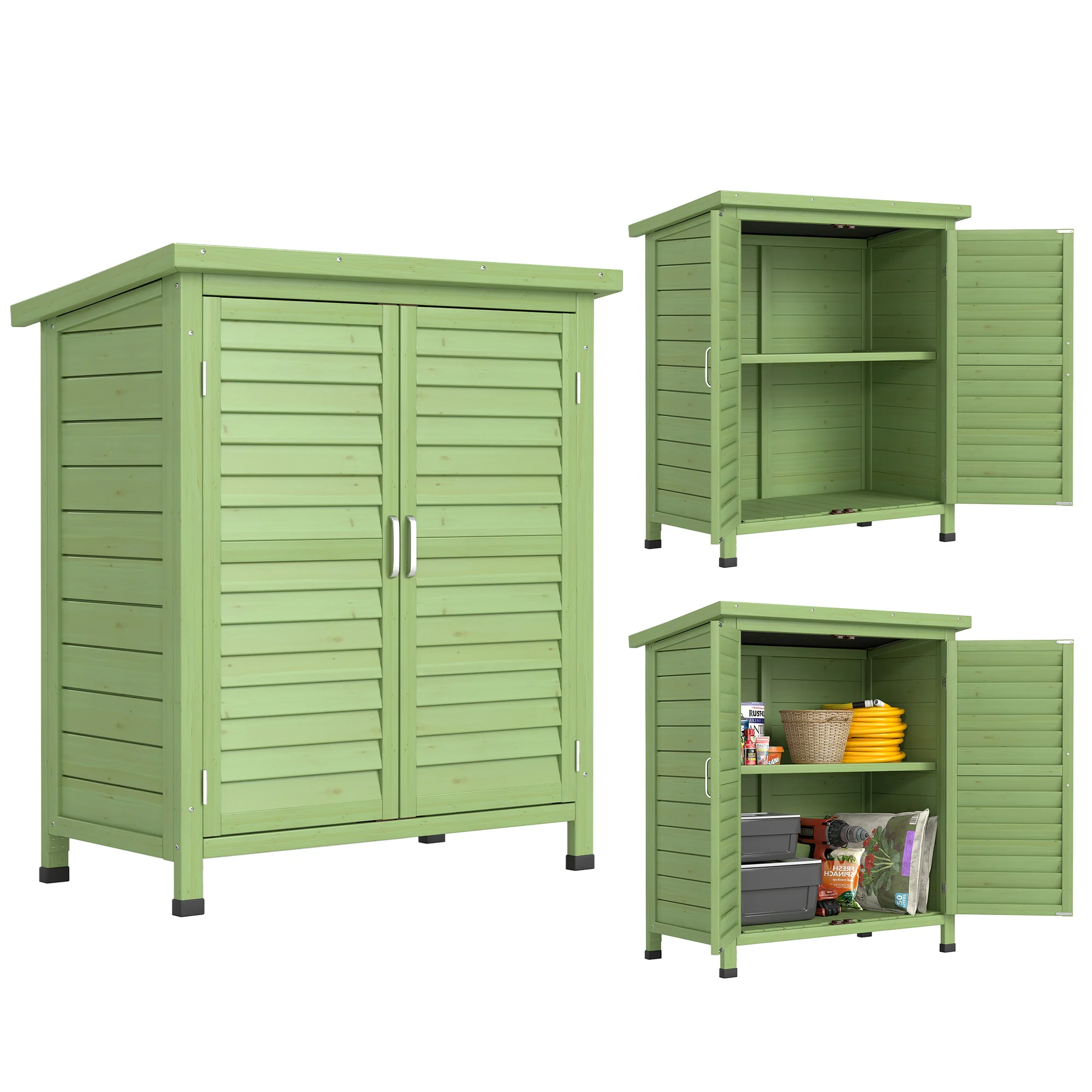 Outsunny Garden Storage Shed Solid Wood Garage Organisation W/ Doors, Green