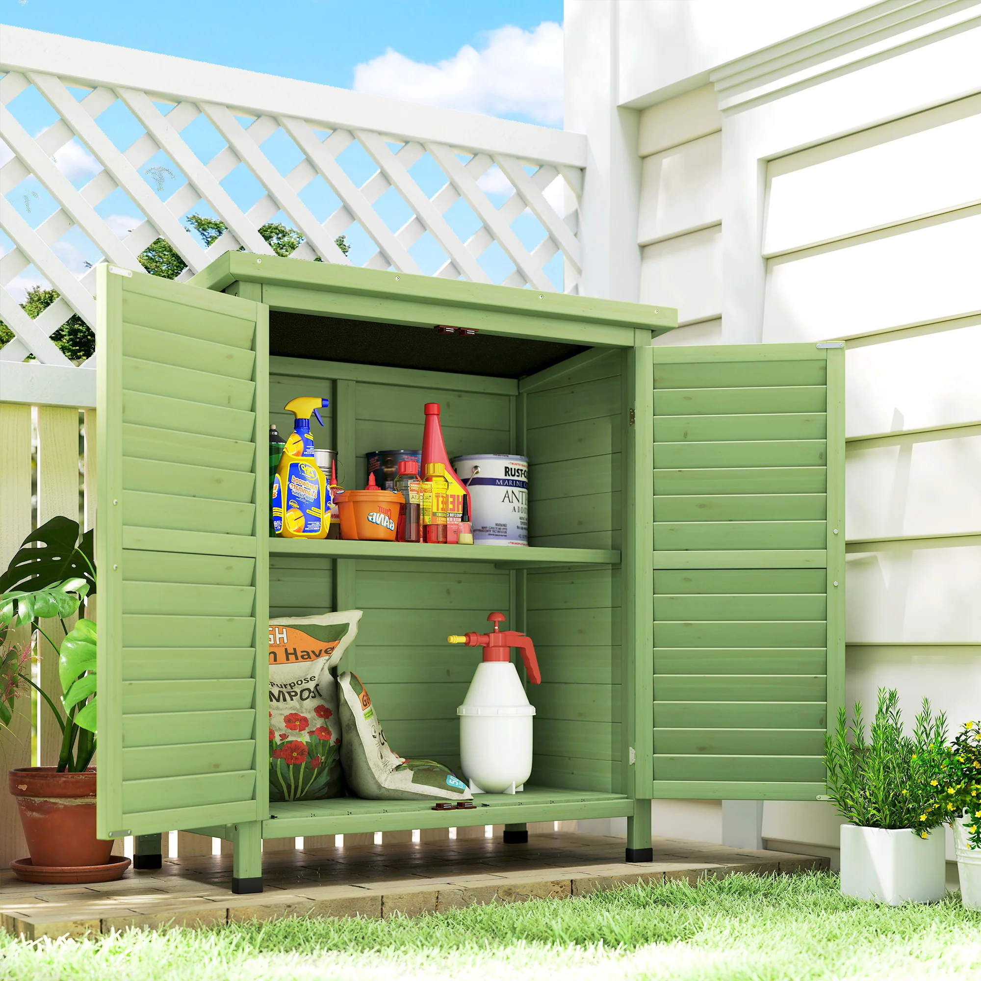 Outsunny Garden Storage Shed Solid Wood Garage Organisation W/ Doors, Green - Image 2