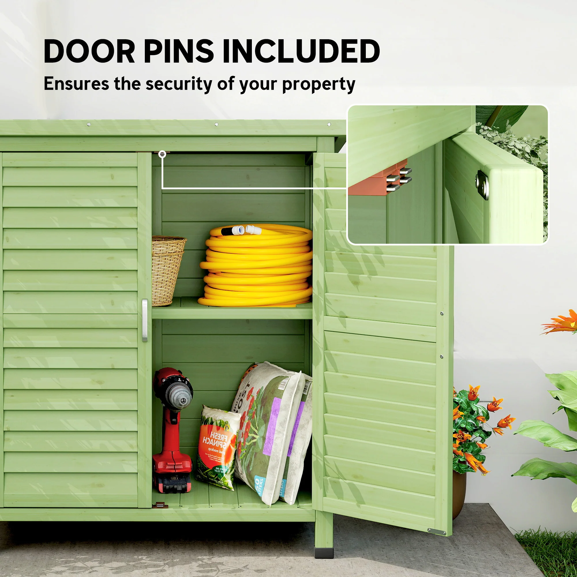 Outsunny Garden Storage Shed Solid Wood Garage Organisation W/ Doors, Green - Image 6