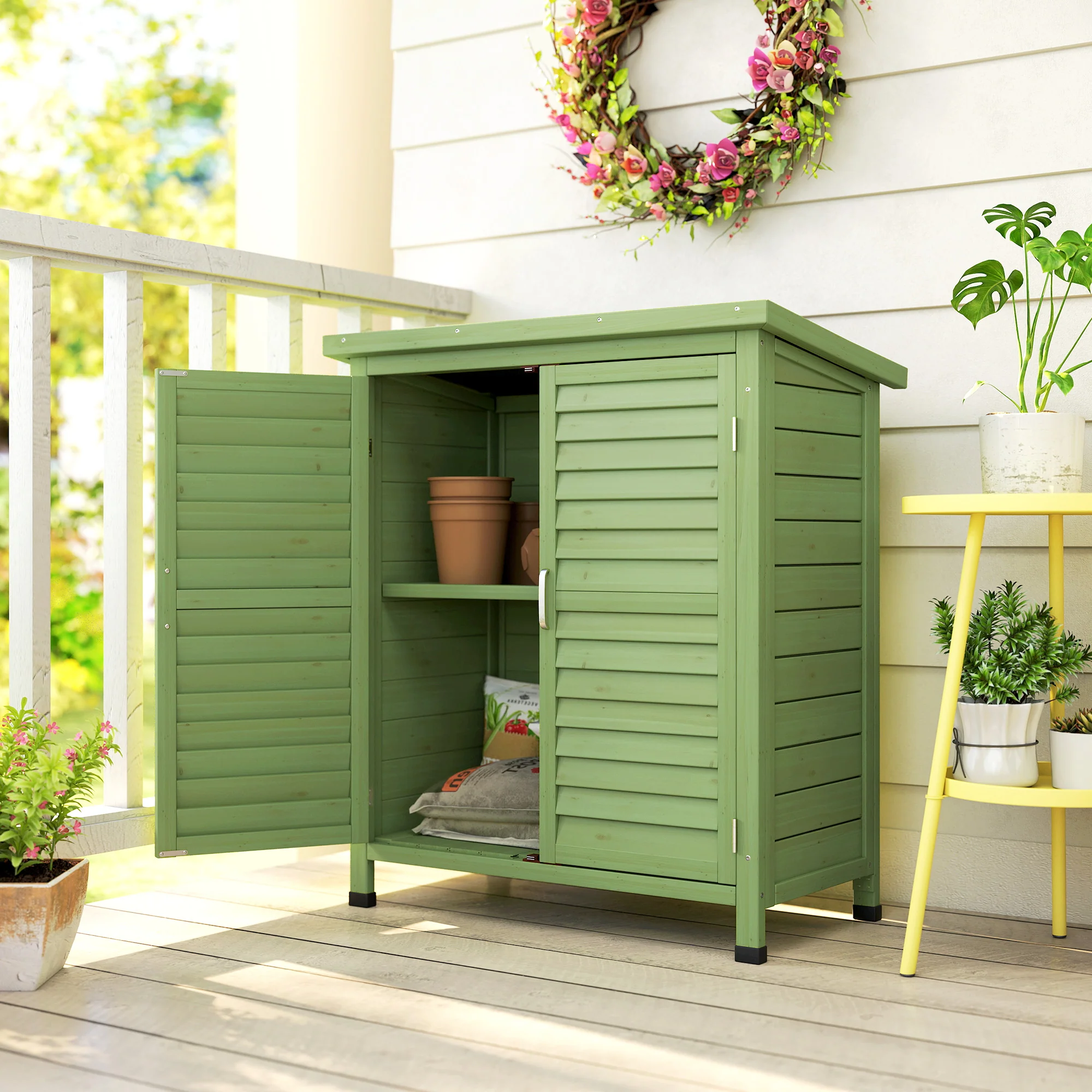 Outsunny Garden Storage Shed Solid Wood Garage Organisation W/ Doors, Green - Image 8