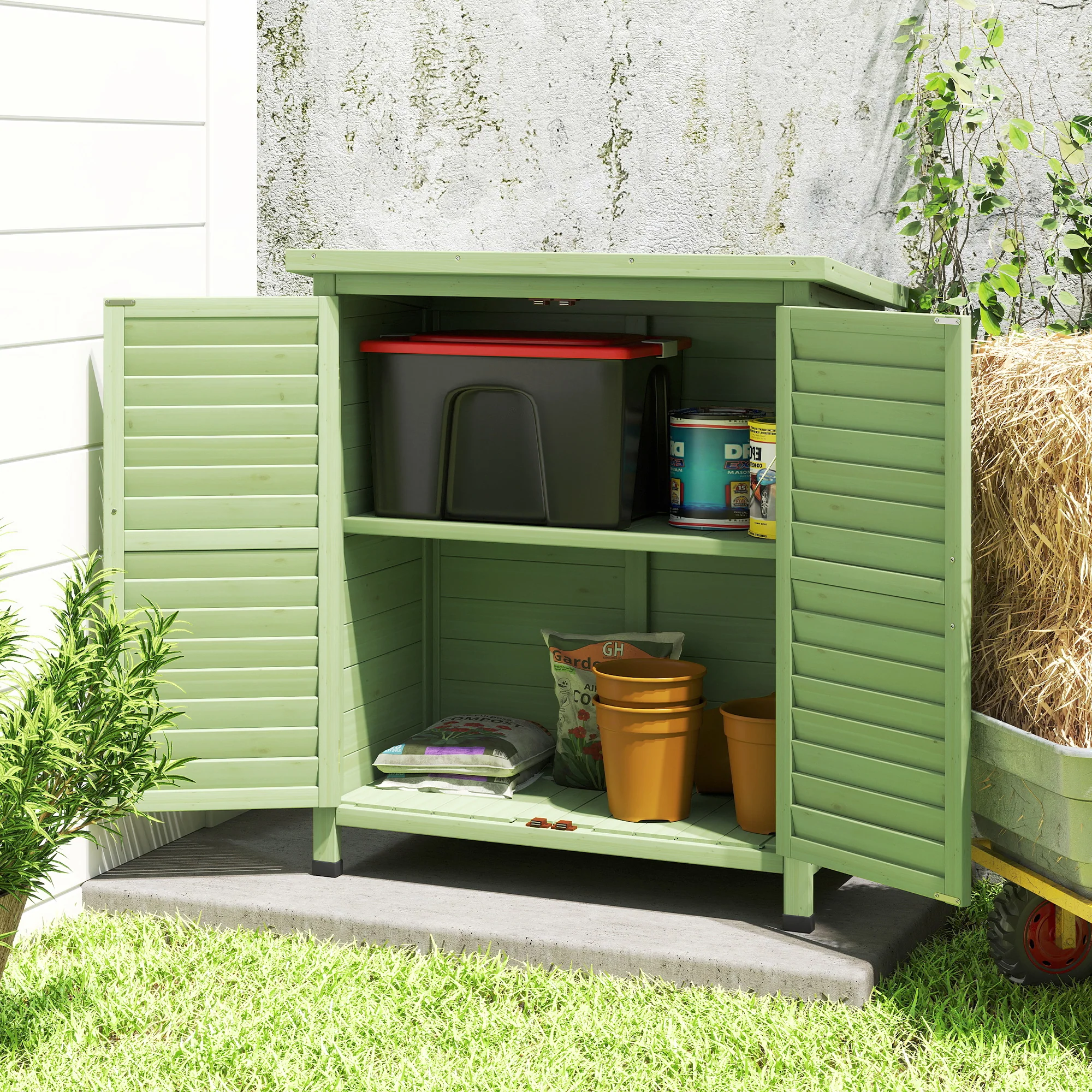 Outsunny Garden Storage Shed Solid Wood Garage Organisation W/ Doors, Green - Image 9