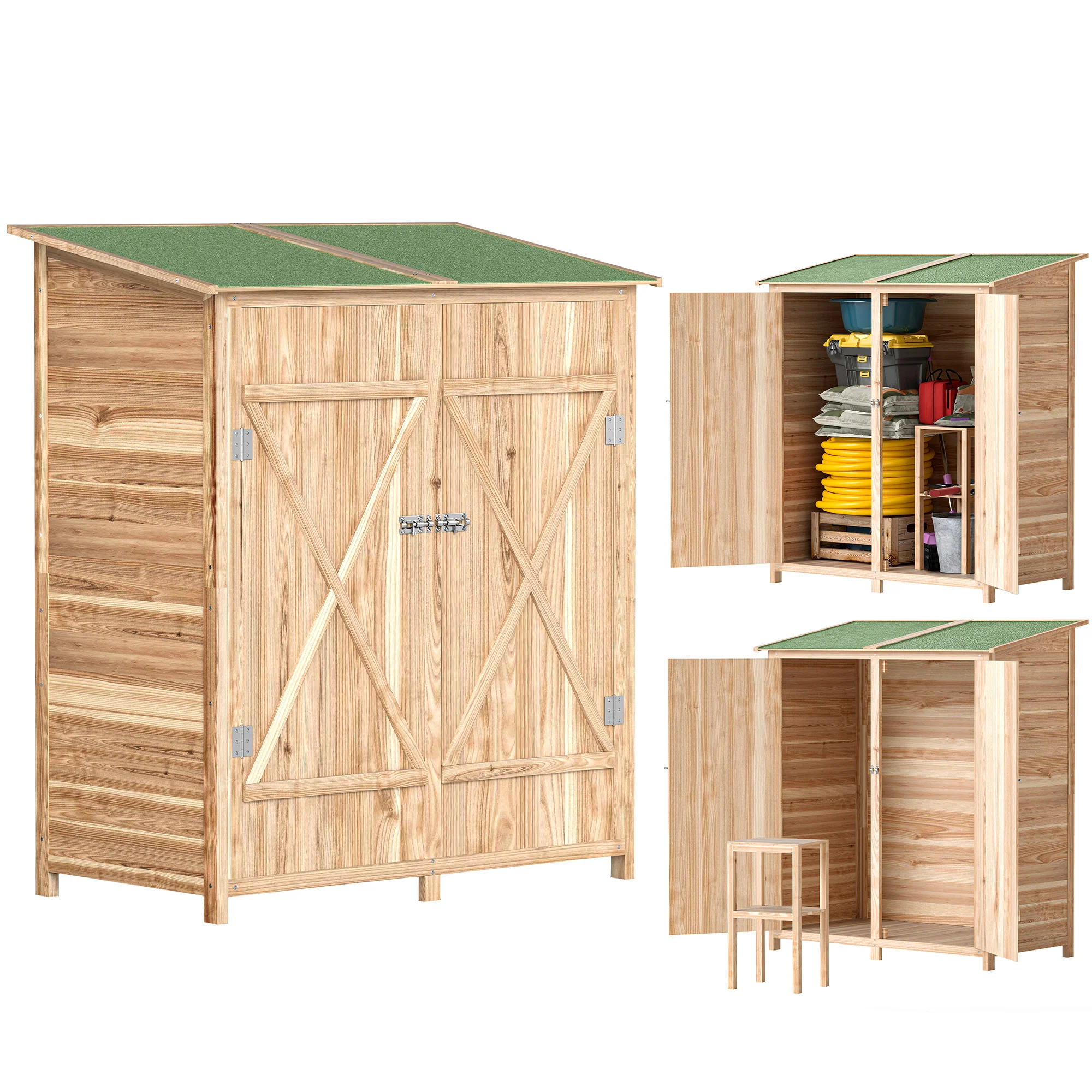 Outsunny Garden Storage Shed Tool Organizer W/ Table, 140x75x157cm, Natural