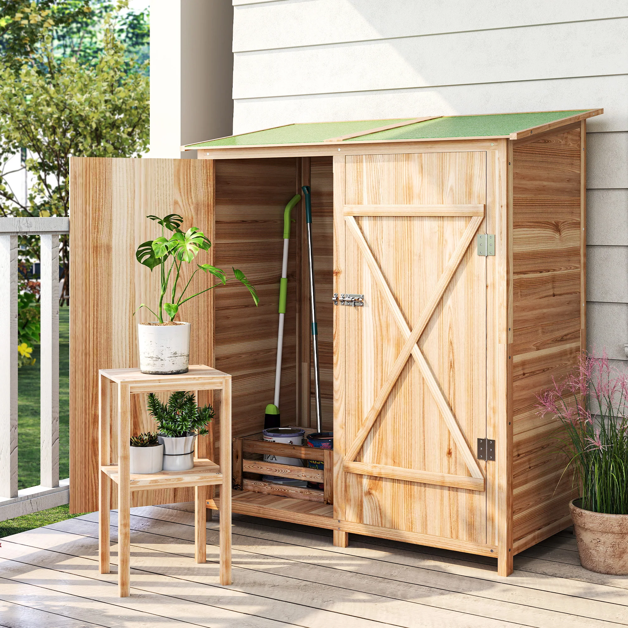 Outsunny Garden Storage Shed Tool Organizer W/ Table, 140x75x157cm, Natural - Image 2